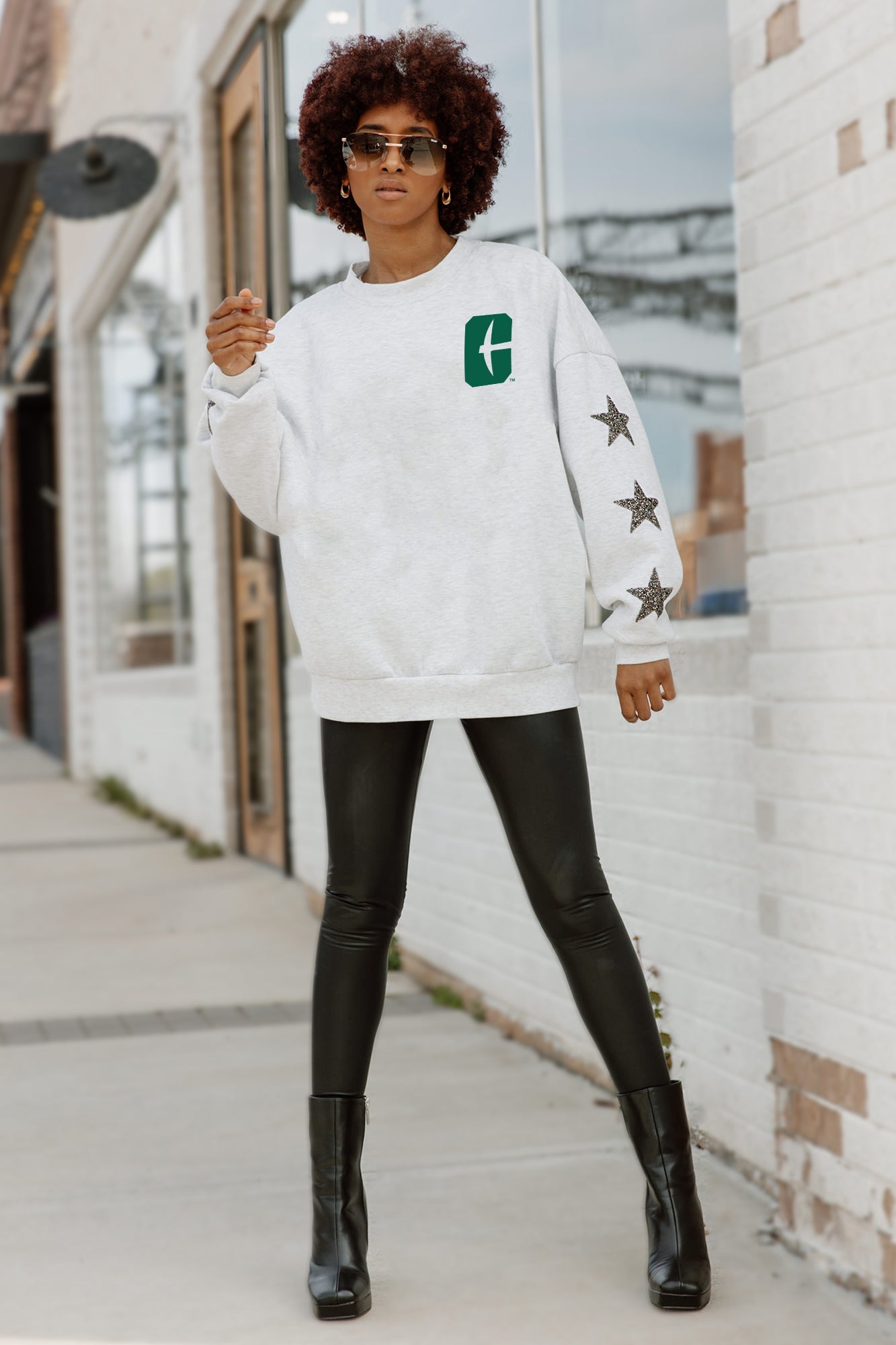 Ash Charlotte 49ers DEDICATION Star-Sleeve Crewneck Pullover - Full Body Front View Styled with Black Boots | Gameday Couture - SOHO