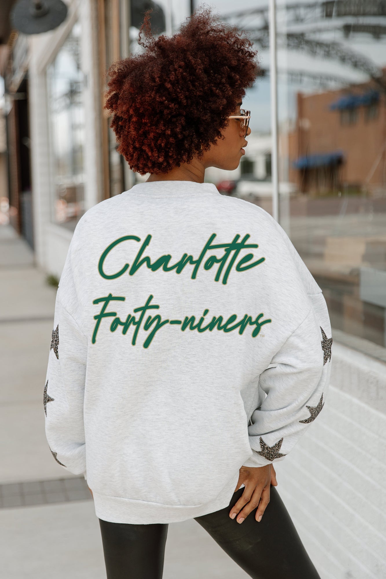 Ash Charlotte 49ers DEDICATION Star-Sleeve Crewneck Pullover - Back View Showing Charlotte Forty-Niners Script | Gameday Couture - SOHO