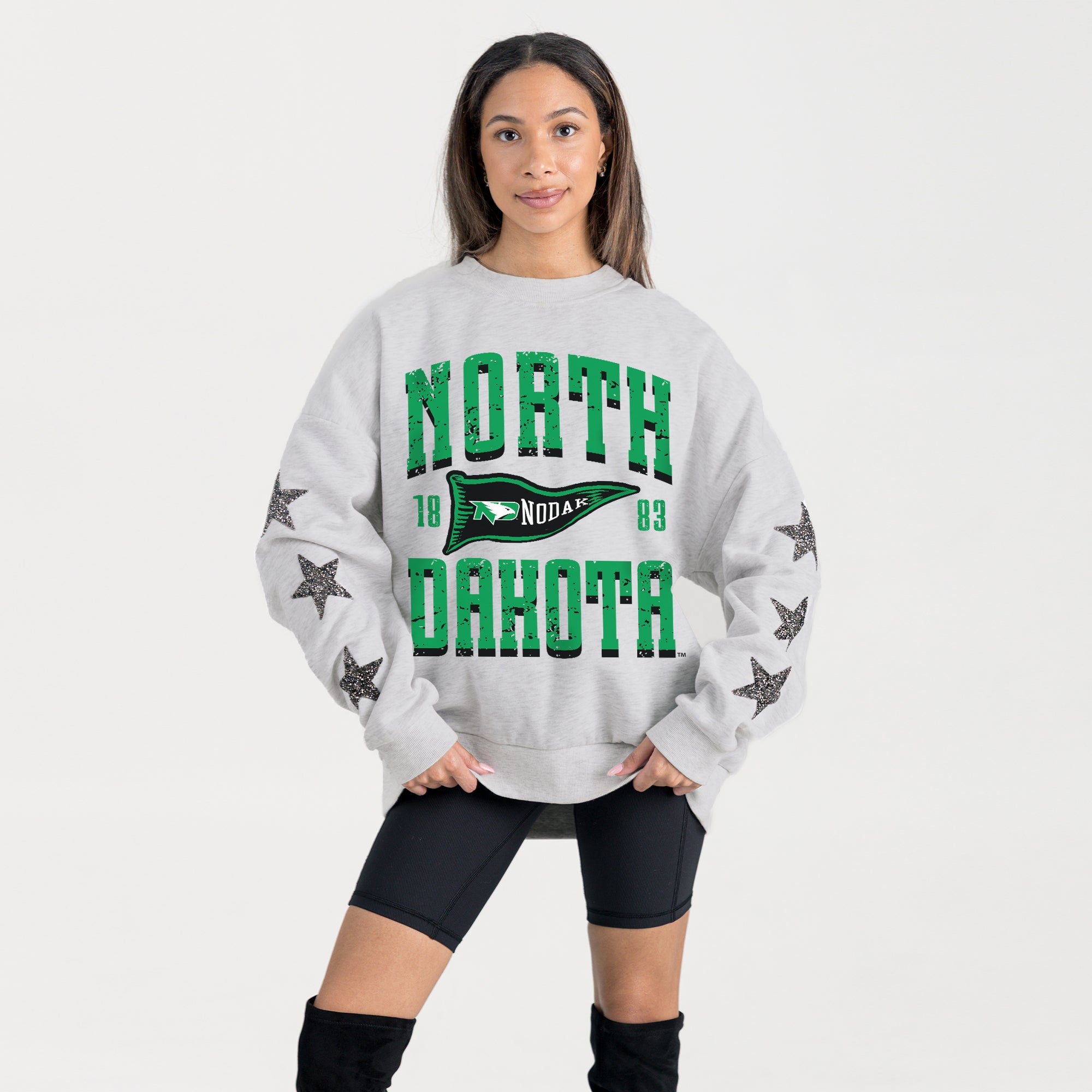 NORTH DAKOTA FIGHTING HAWKS PENNANT PRIDE EMBELLISHED STAR SLEEVE CREWNECK PULLOVER