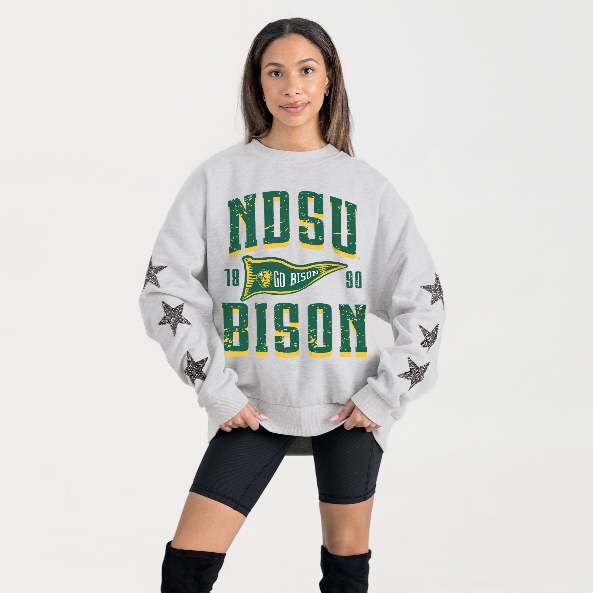 NORTH DAKOTA STATE BISON PENNANT PRIDE EMBELLISHED STAR SLEEVE CREWNECK PULLOVER
