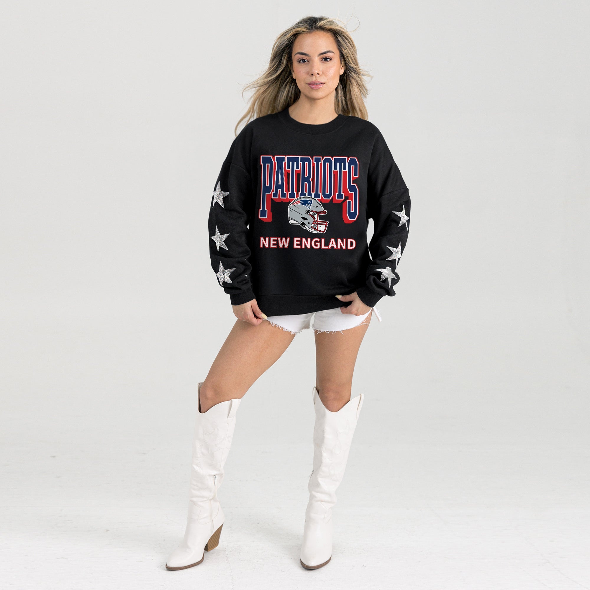 NEW ENGLAND PATRIOTS PURE VICTORY STAR EMBELLISHED CREW SWEATSHIRT