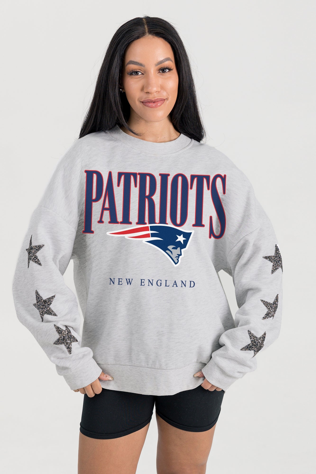 NEW ENGLAND PATRIOTS BOLD PLAY STAR EMBELLISHED CREW SWEATSHIRT BY RANDI MAHOMES