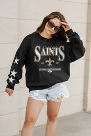 NEW ORLEANS SAINTS GAMEDAY GLIMMER EMBELLISHED STAR SLEEVE CREWNECK PULLOVER