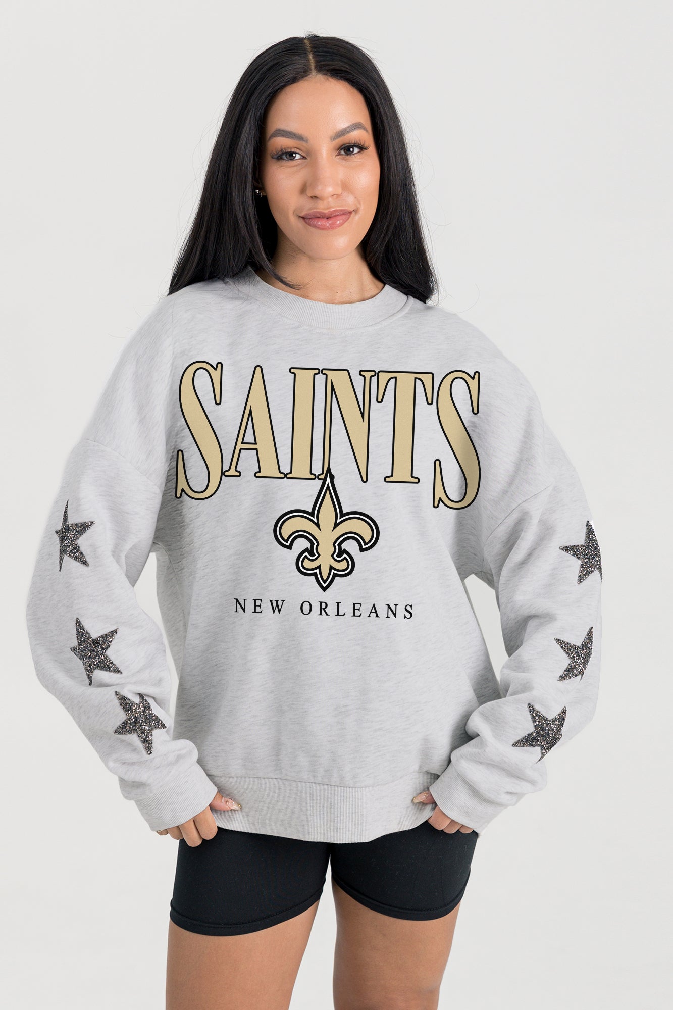 NEW ORLEANS SAINTS BOLD PLAY STAR EMBELLISHED CREW SWEATSHIRT BY RANDI MAHOMES