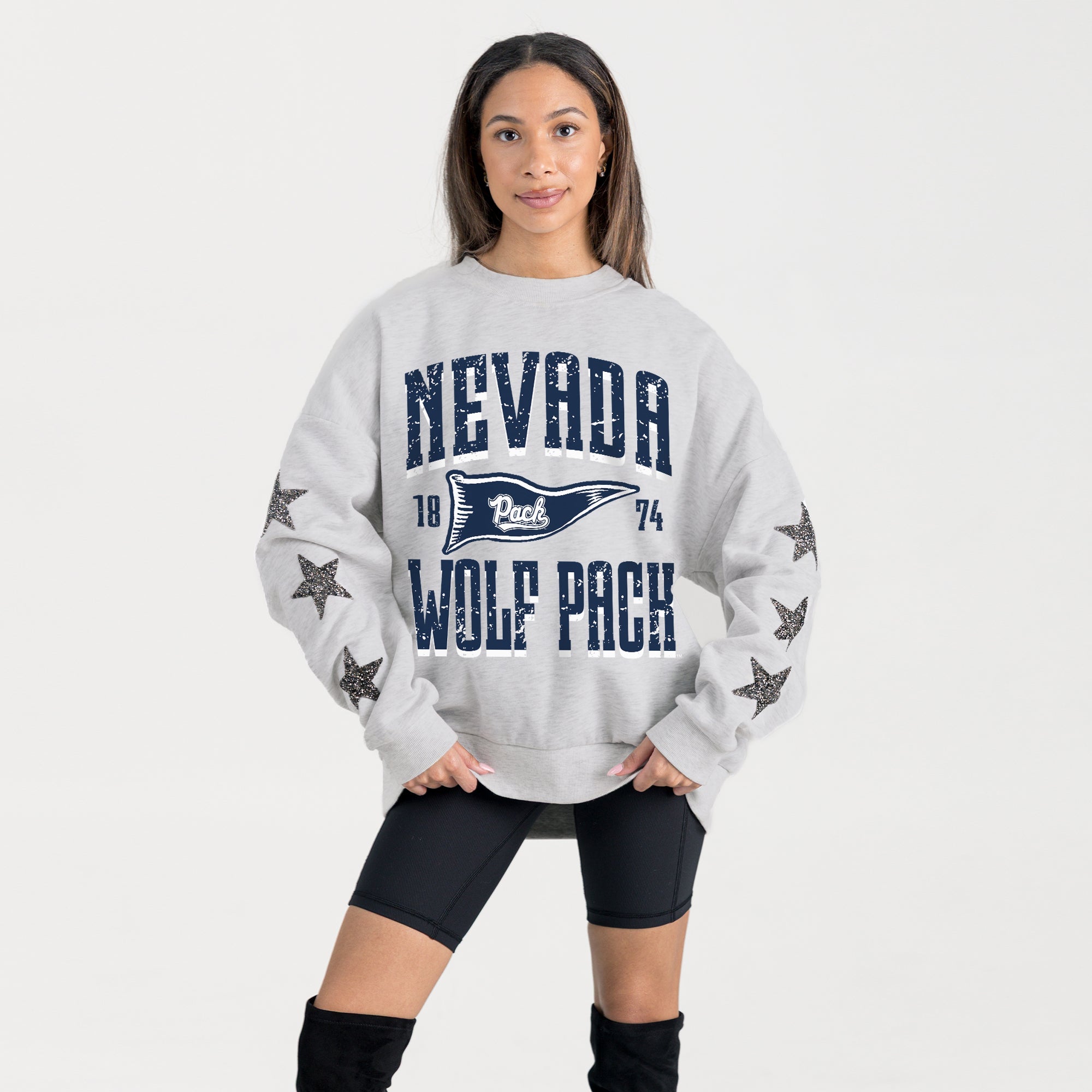 NEVADA WOLF PACK PENNANT PRIDE EMBELLISHED STAR SLEEVE CREWNECK PULLOVER