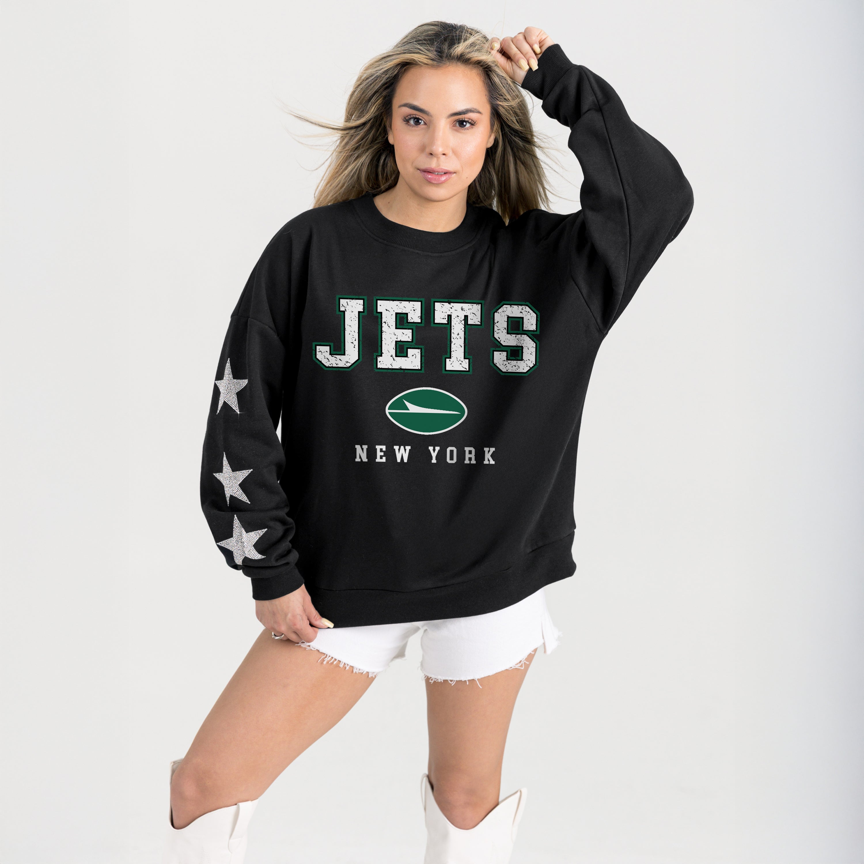 NEW YORK JETS VELOCITY STAR EMBELLISHED CREW SWEATSHIRT