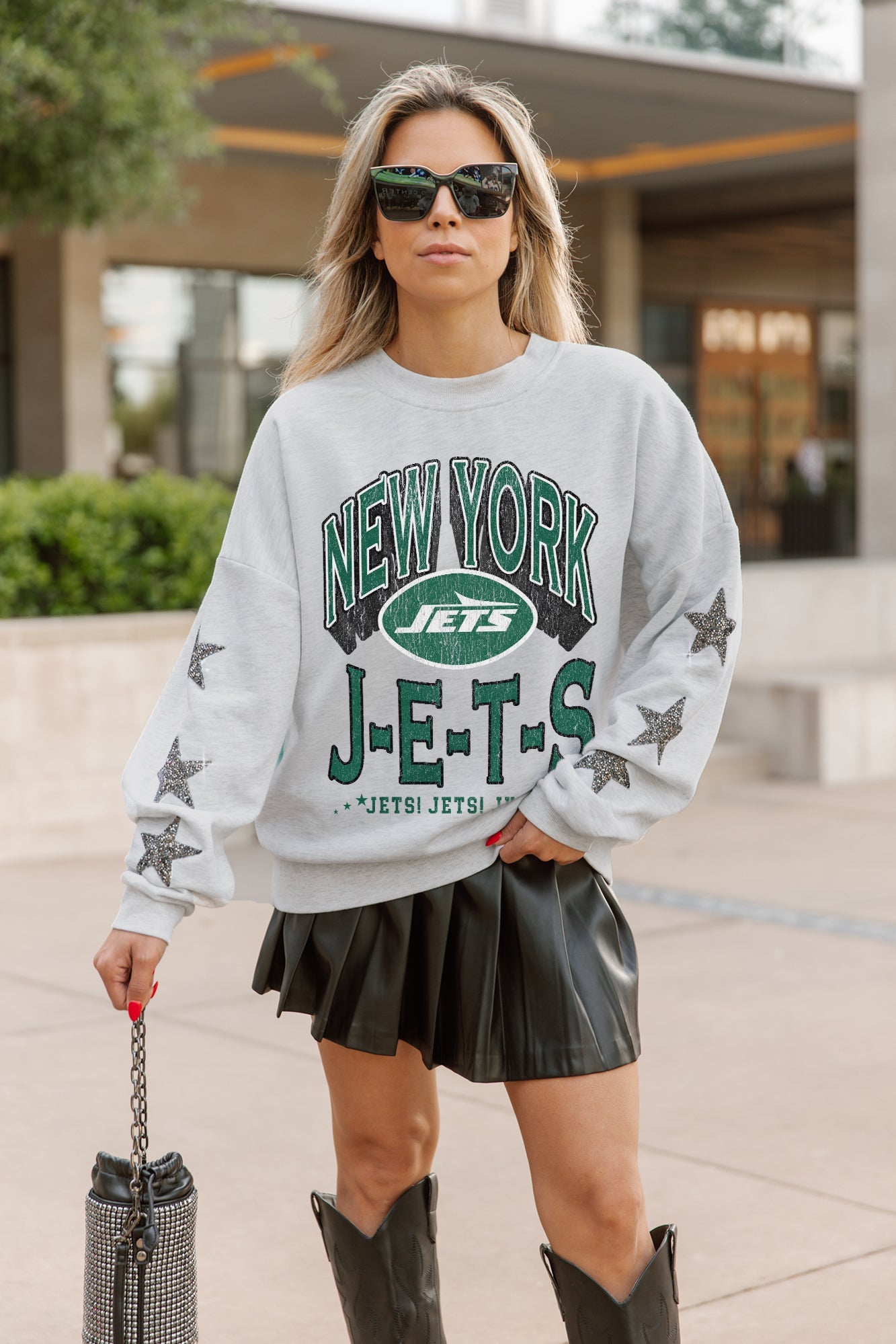 NEW YORK JETS RESILIENCE STAR EMBELLISHED CREW SWEATSHIRT