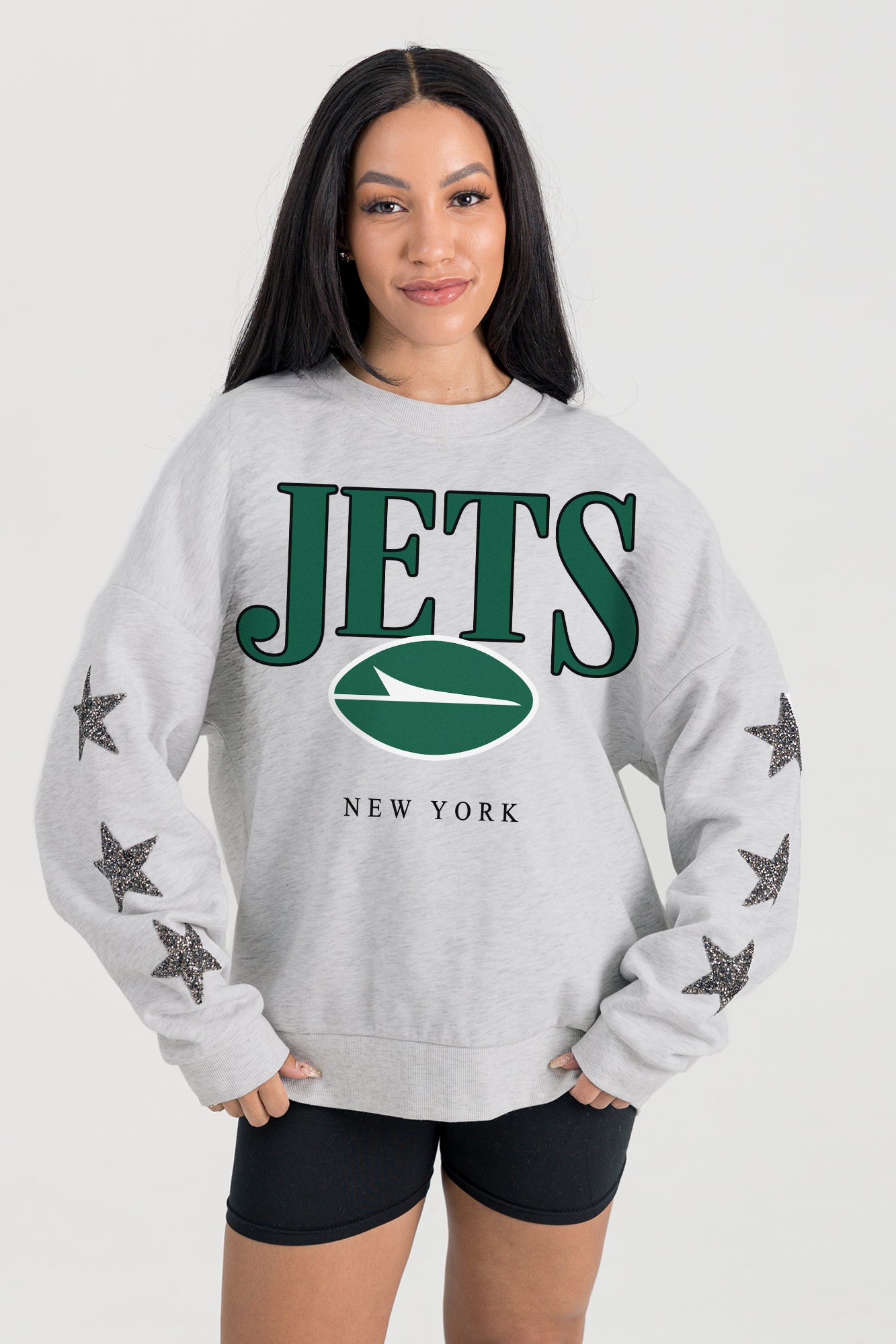 NEW YORK JETS BOLD PLAY STAR EMBELLISHED CREW SWEATSHIRT BY RANDI MAHOMES