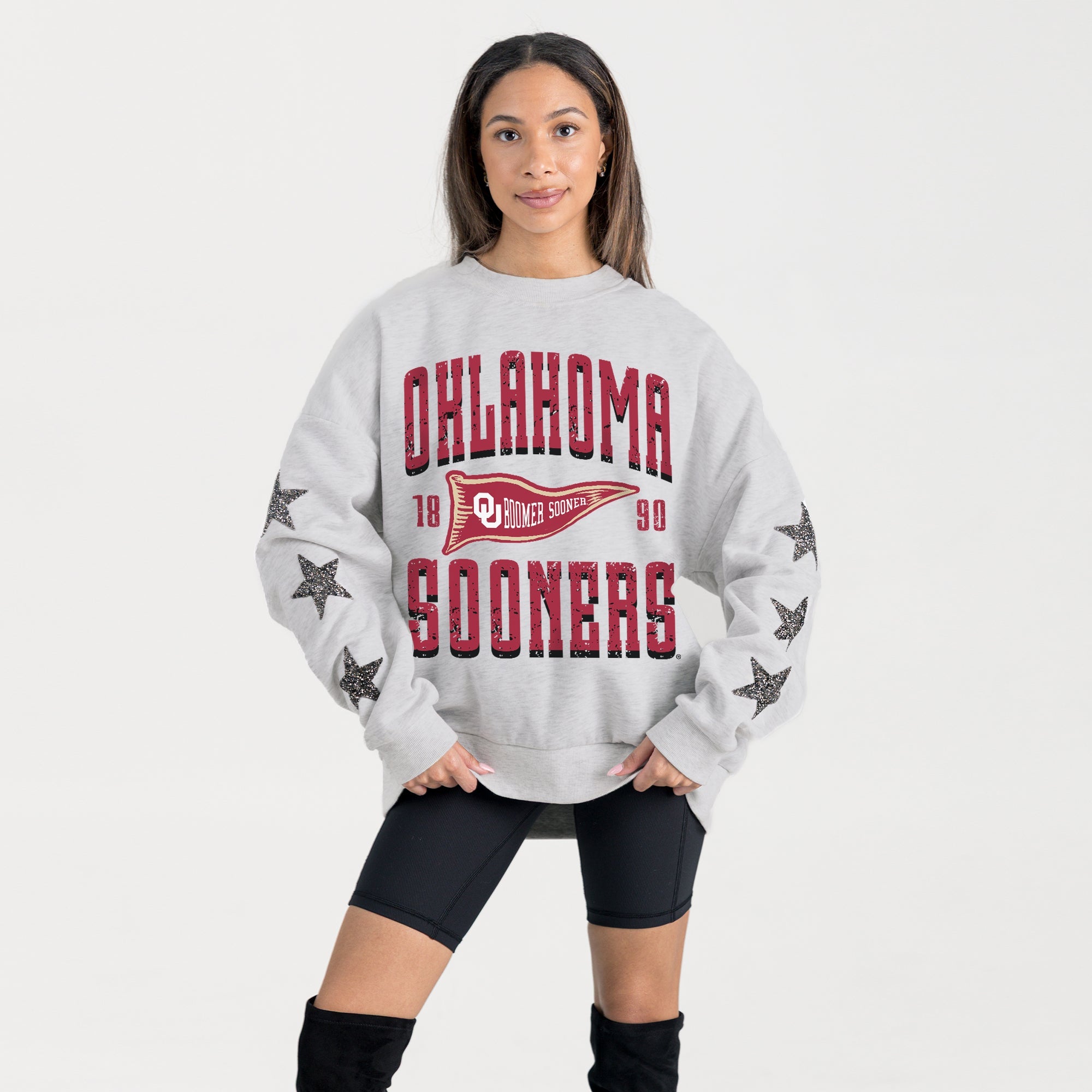 OKLAHOMA SOONERS PENNANT PRIDE EMBELLISHED STAR SLEEVE CREWNECK PULLOVER