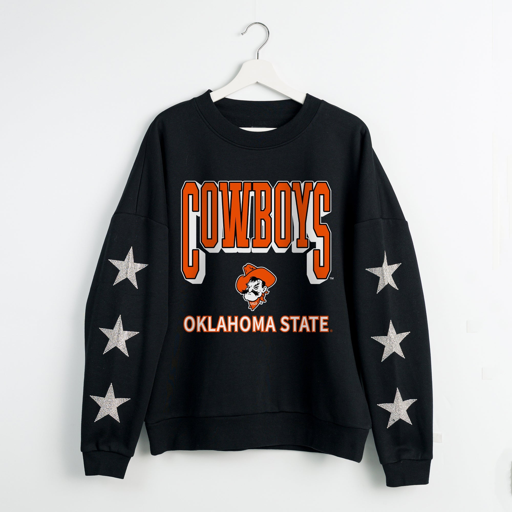 OKLAHOMA STATE COWBOYS PURE VICTORY EMBELLISHED STAR SLEEVE CREWNECK PULLOVER