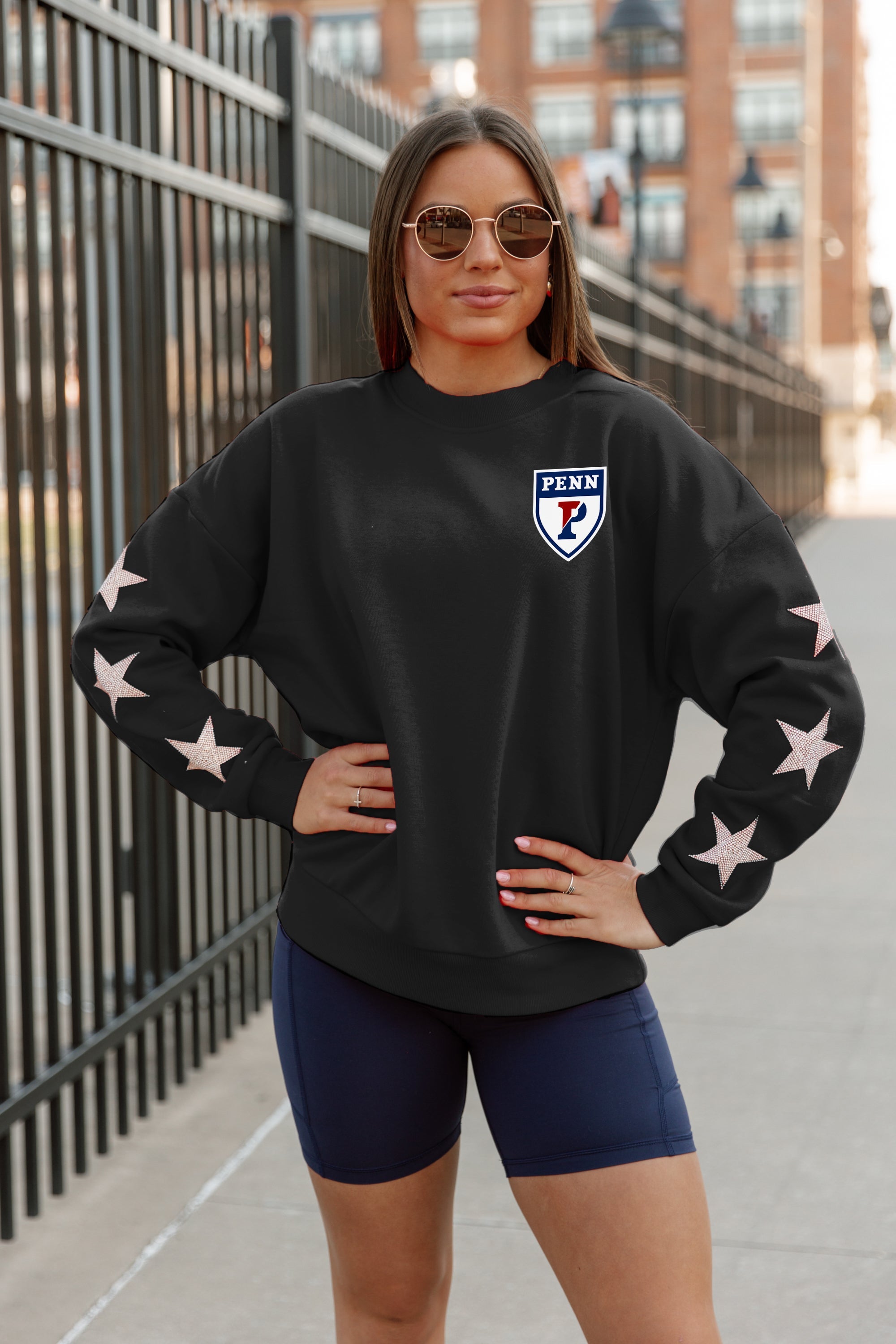 PENNSYLVANIA QUAKERS DEDICATION Star-Sleeve Crewneck Pullover - Front Pose | Gameday Couture - SOHO