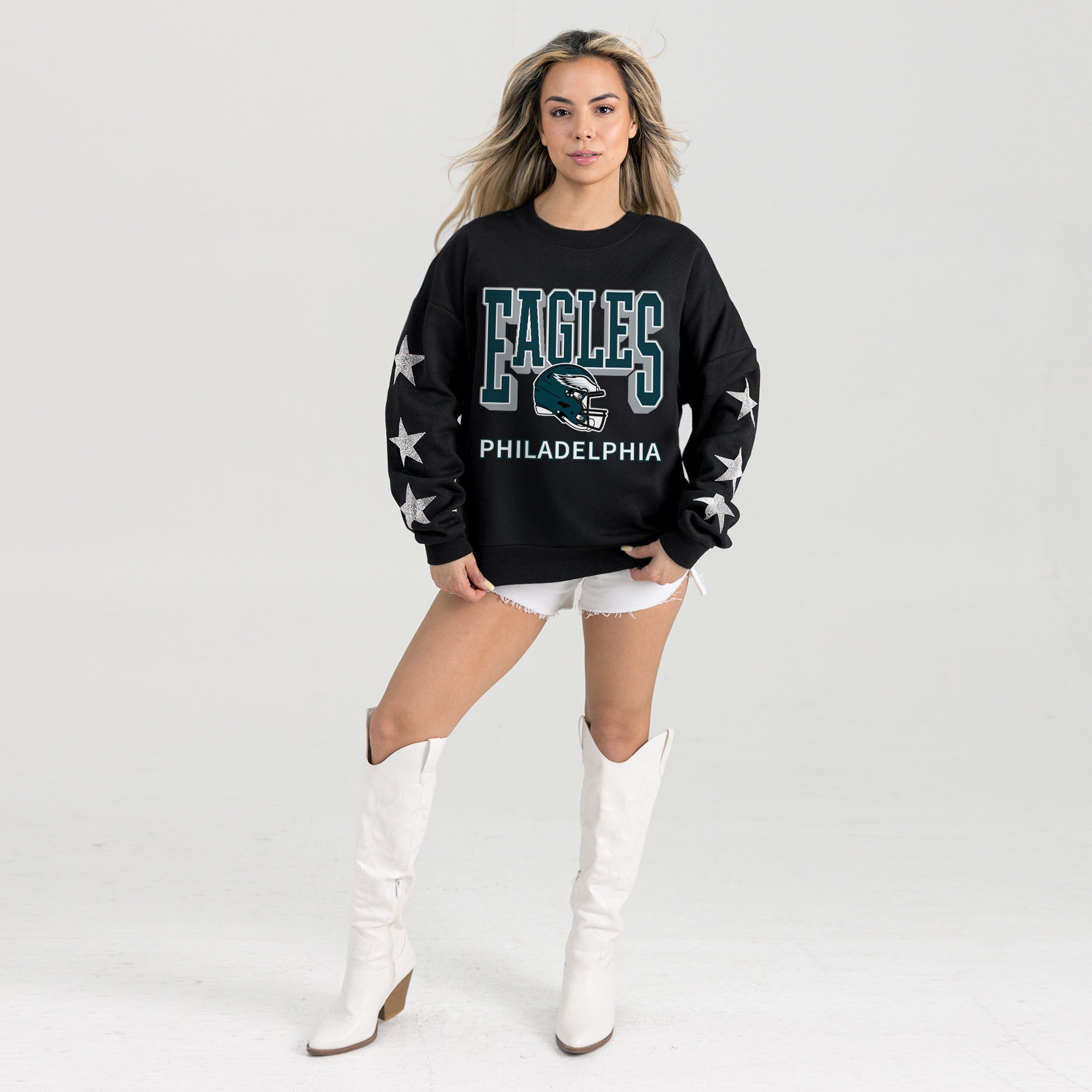 PHILADELPHIA EAGLES PURE VICTORY STAR EMBELLISHED CREW SWEATSHIRT
