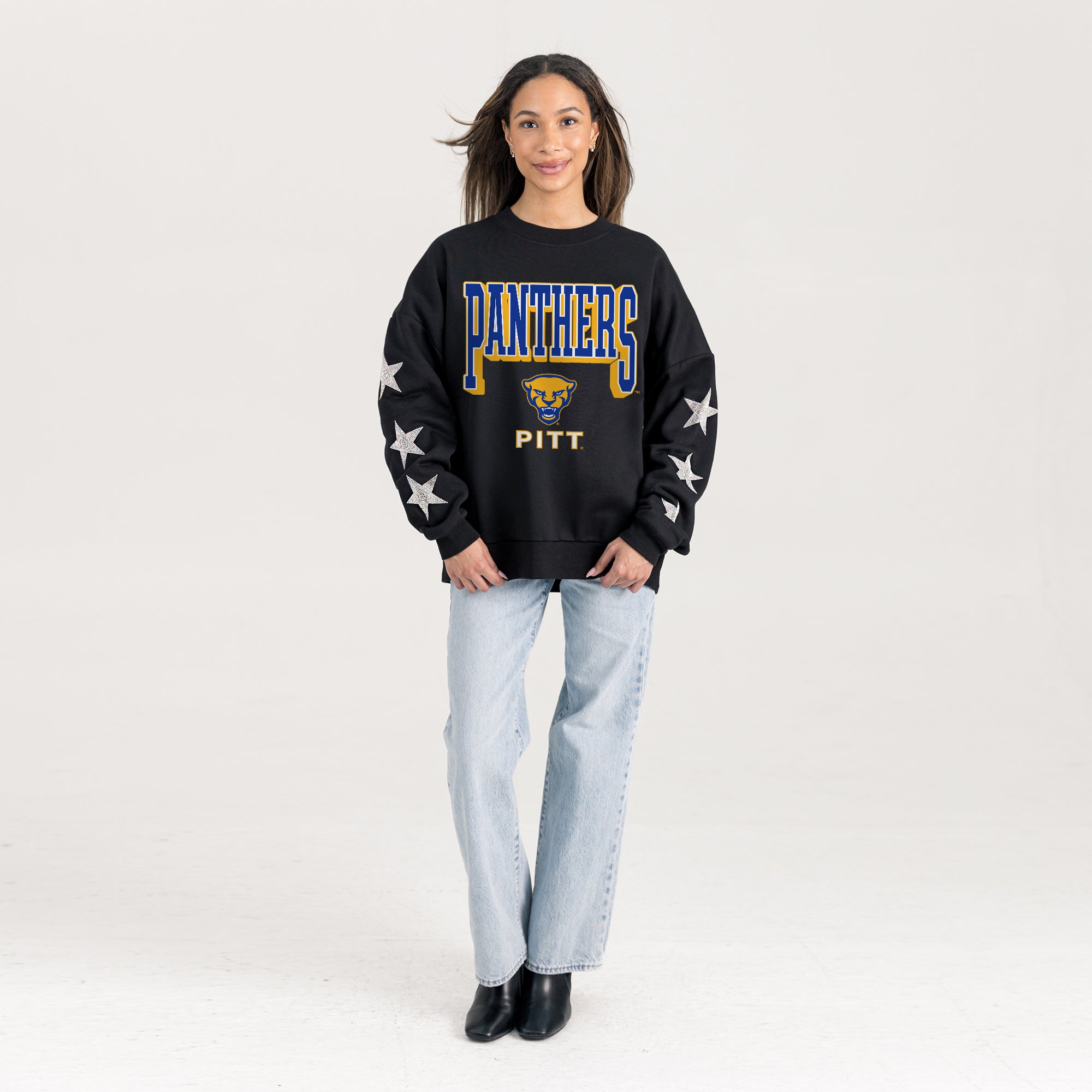 PITTSBURGH PANTHERS PURE VICTORY EMBELLISHED STAR SLEEVE CREWNECK PULLOVER