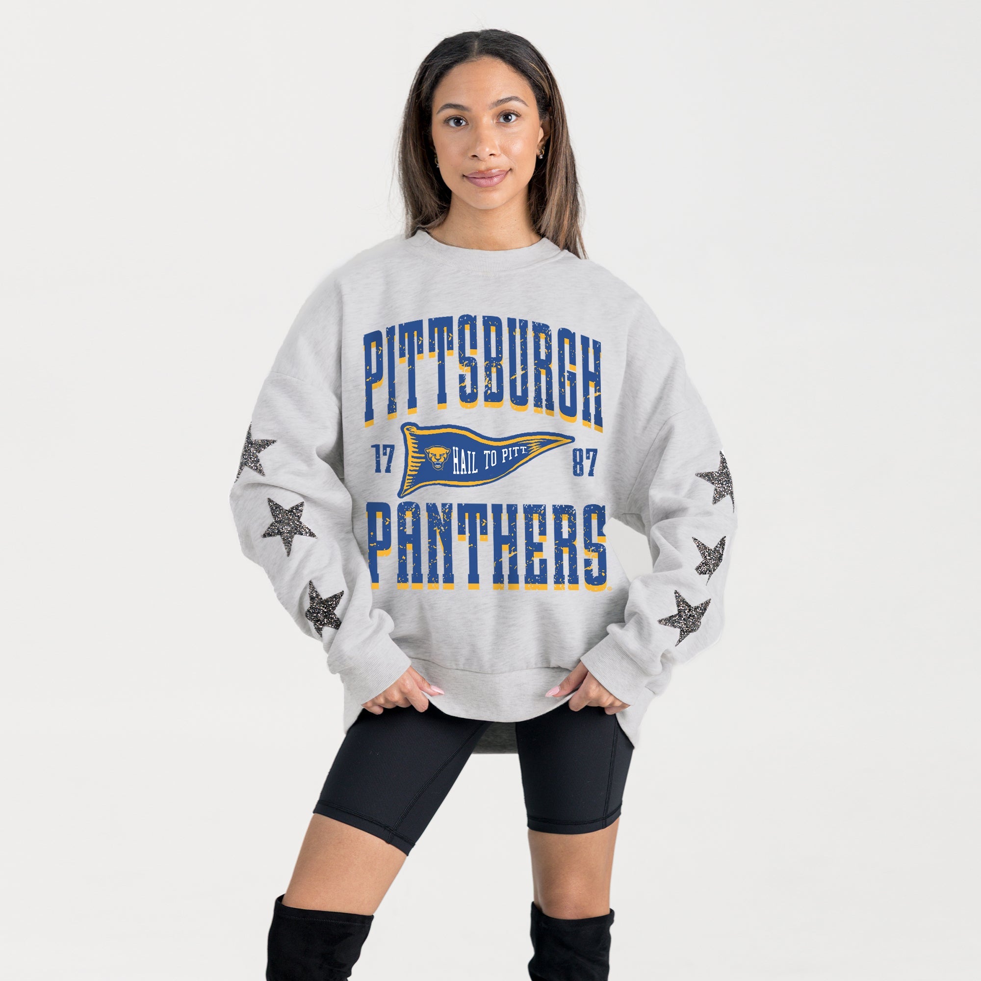 PITTSBURGH PANTHERS PENNANT PRIDE EMBELLISHED STAR SLEEVE CREWNECK PULLOVER