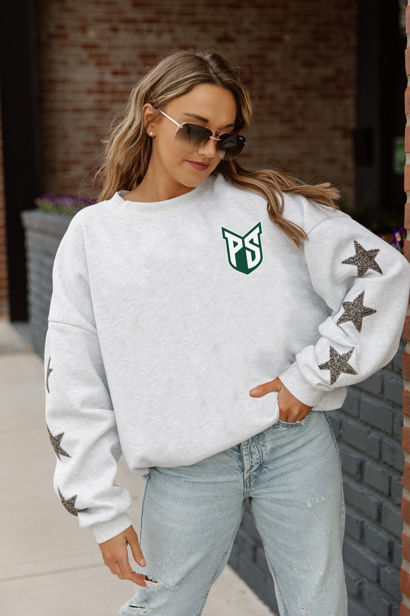 PORTLAND STATE VIKINGS DEDICATION EMBELLISHED STAR SLEEVE CREWNECK PULLOVER