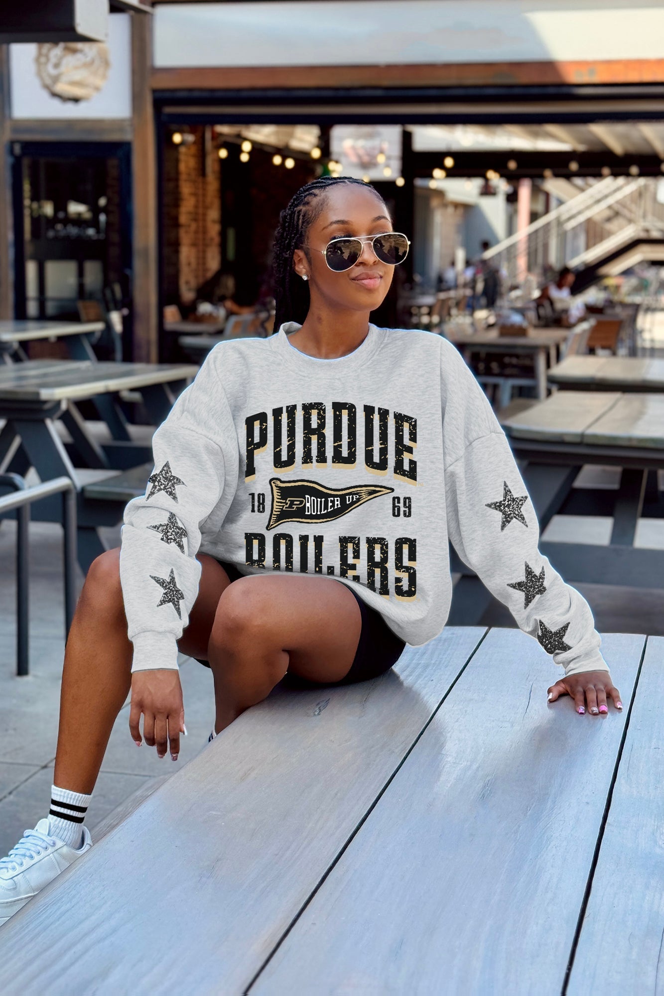 PURDUE BOILERMAKERS PENNANT PRIDE EMBELLISHED STAR SLEEVE CREWNECK PULLOVER