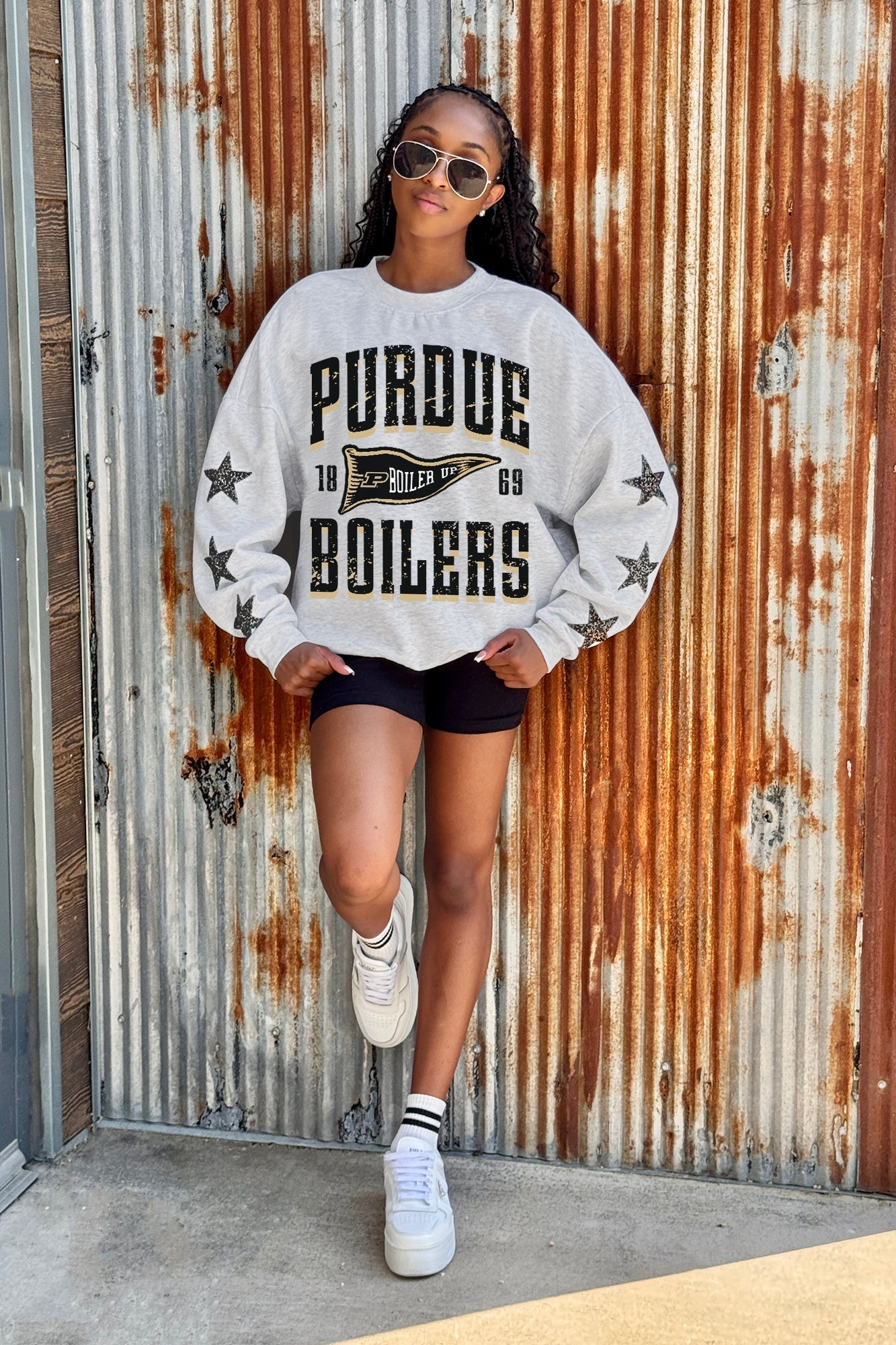 PURDUE BOILERMAKERS PENNANT PRIDE EMBELLISHED STAR SLEEVE CREWNECK PULLOVER