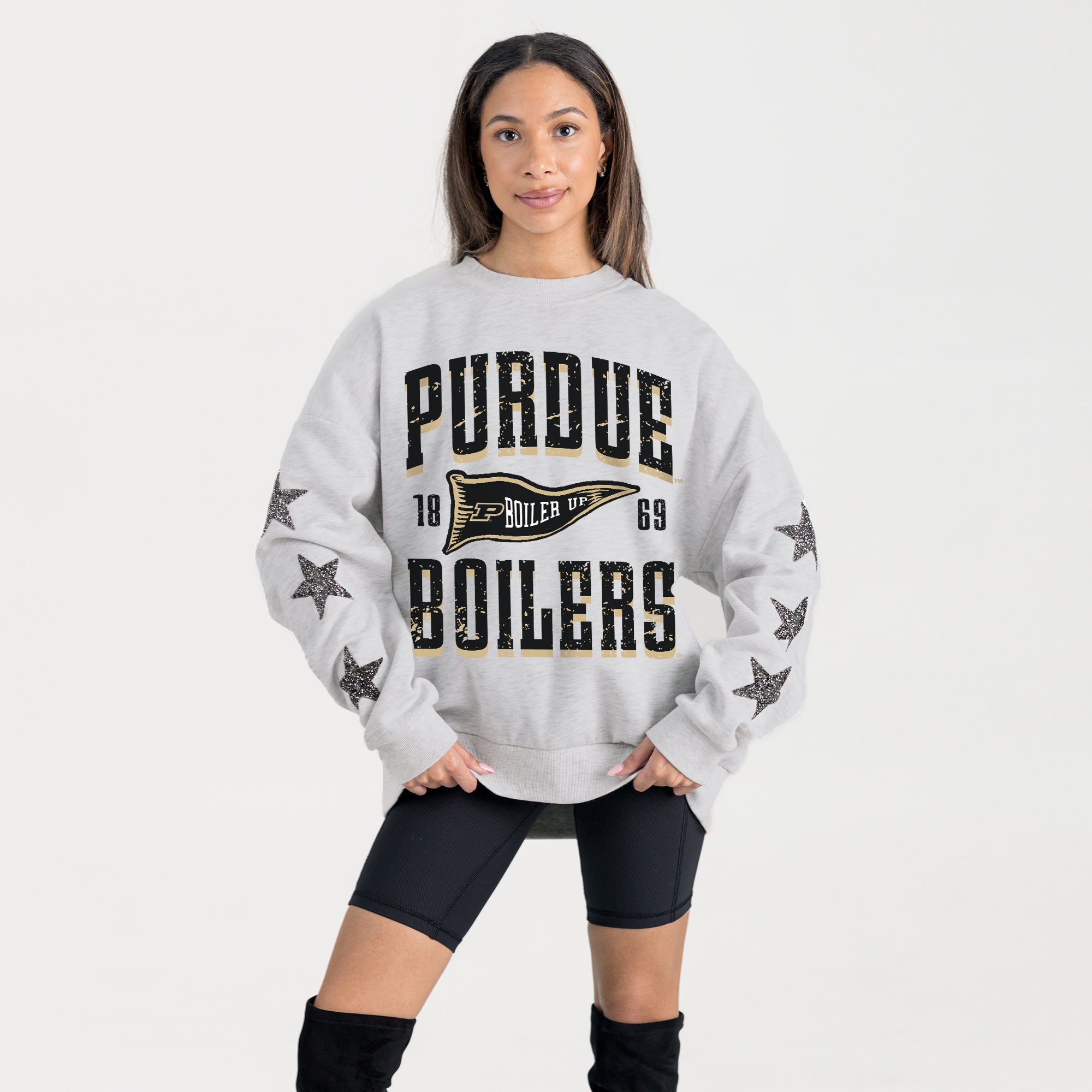 PURDUE BOILERMAKERS PENNANT PRIDE EMBELLISHED STAR SLEEVE CREWNECK PULLOVER