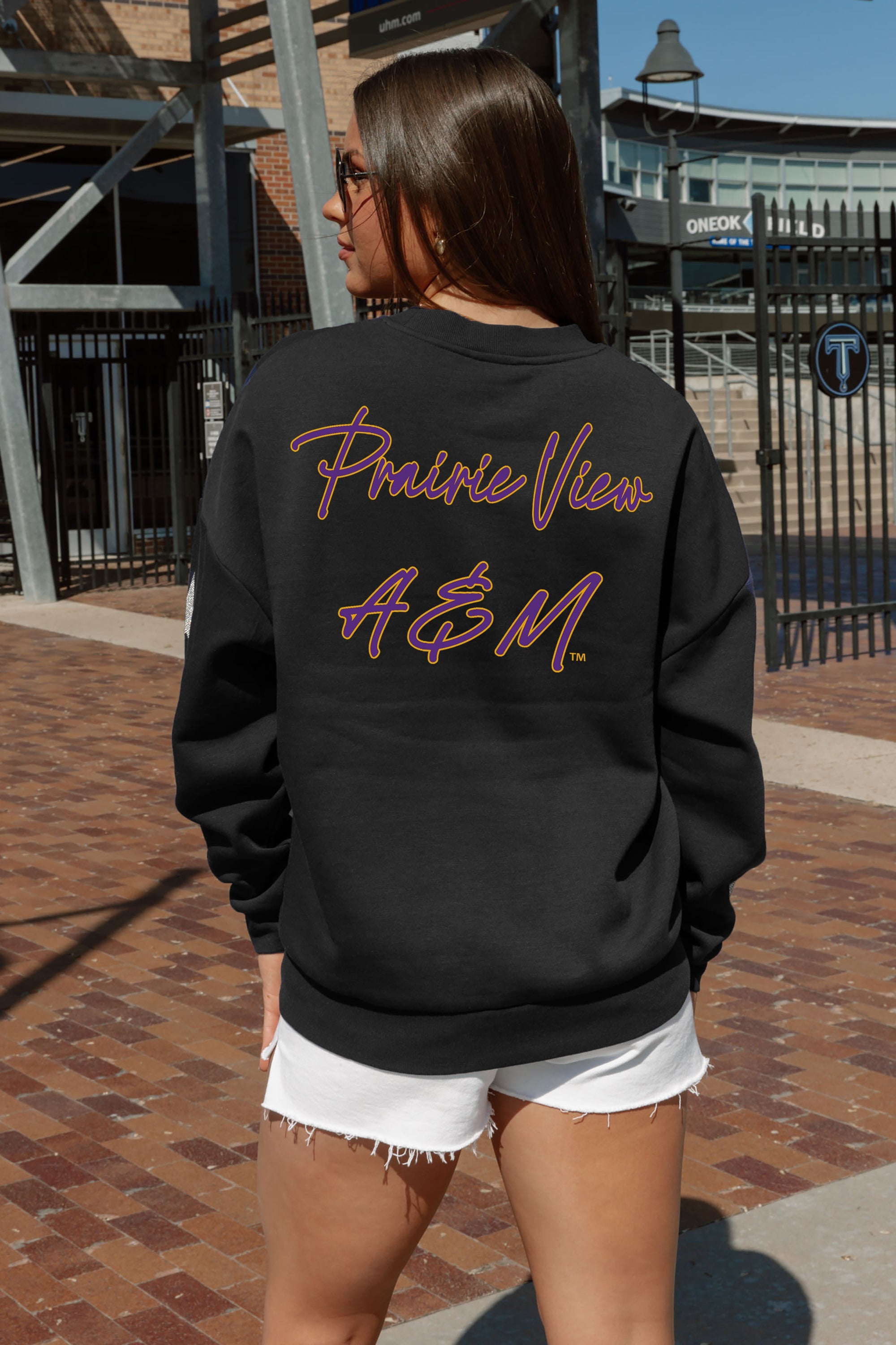 PRAIRIE VIEW A&M PANTHERS DEDICATION EMBELLISHED STAR SLEEVE CREWNECK PULLOVER