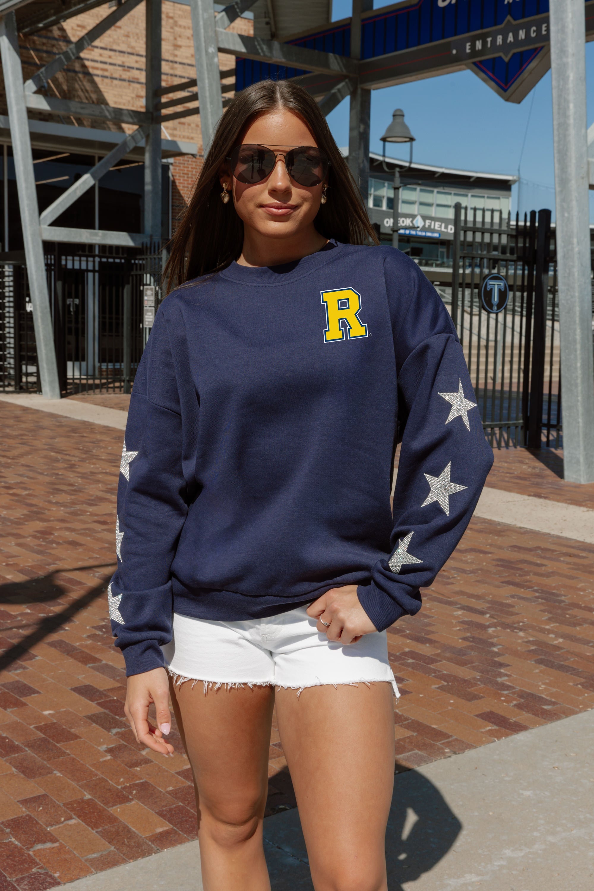 Navy Rochester Yellowjackets Star-Sleeve Crewneck - On Model Front | Gameday Couture - SOHO