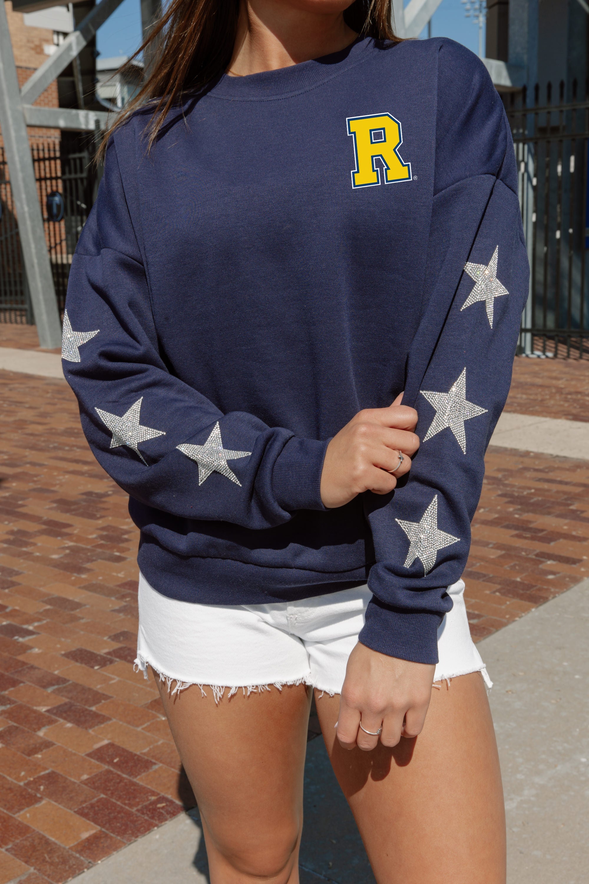 Navy Rochester Yellowjackets Star Detail Pullover - Sleeve Close-up | Gameday Couture - SOHO
