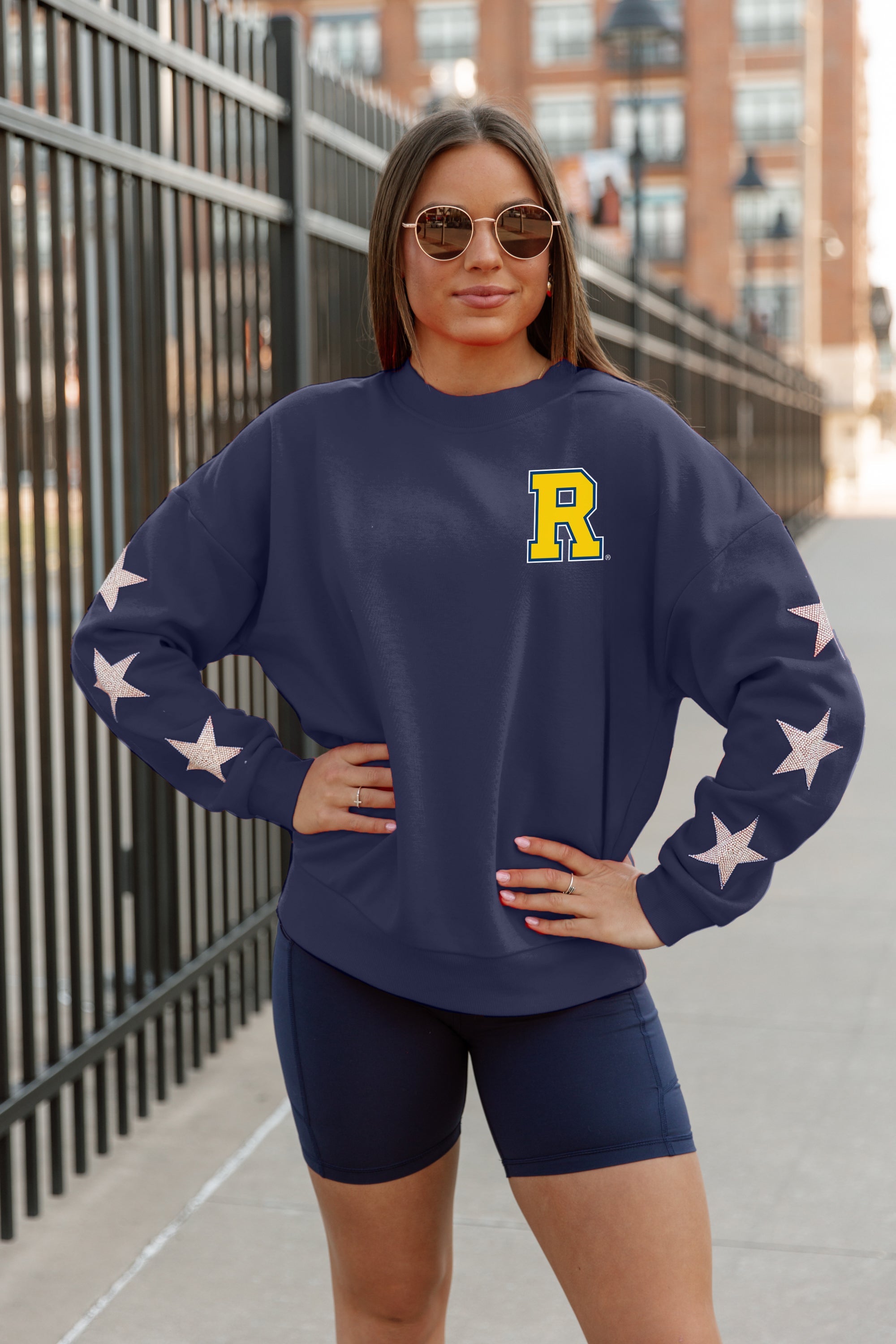 Navy Rochester Yellowjackets Star Sleeve Pullover - On Model Posed | Gameday Couture - SOHO