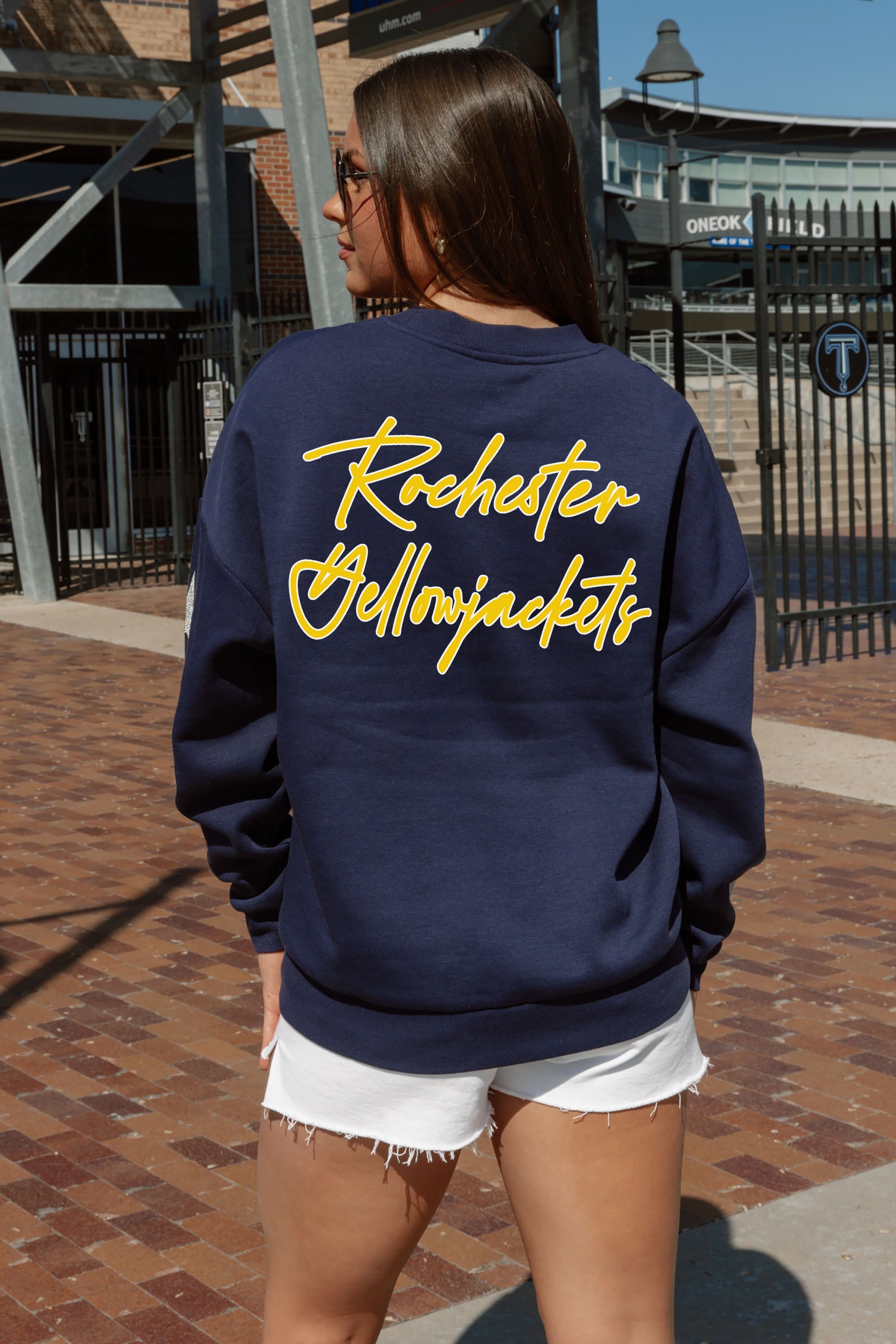 Navy Rochester Yellowjackets Crewneck - Back Script View | Gameday Couture - SOHO