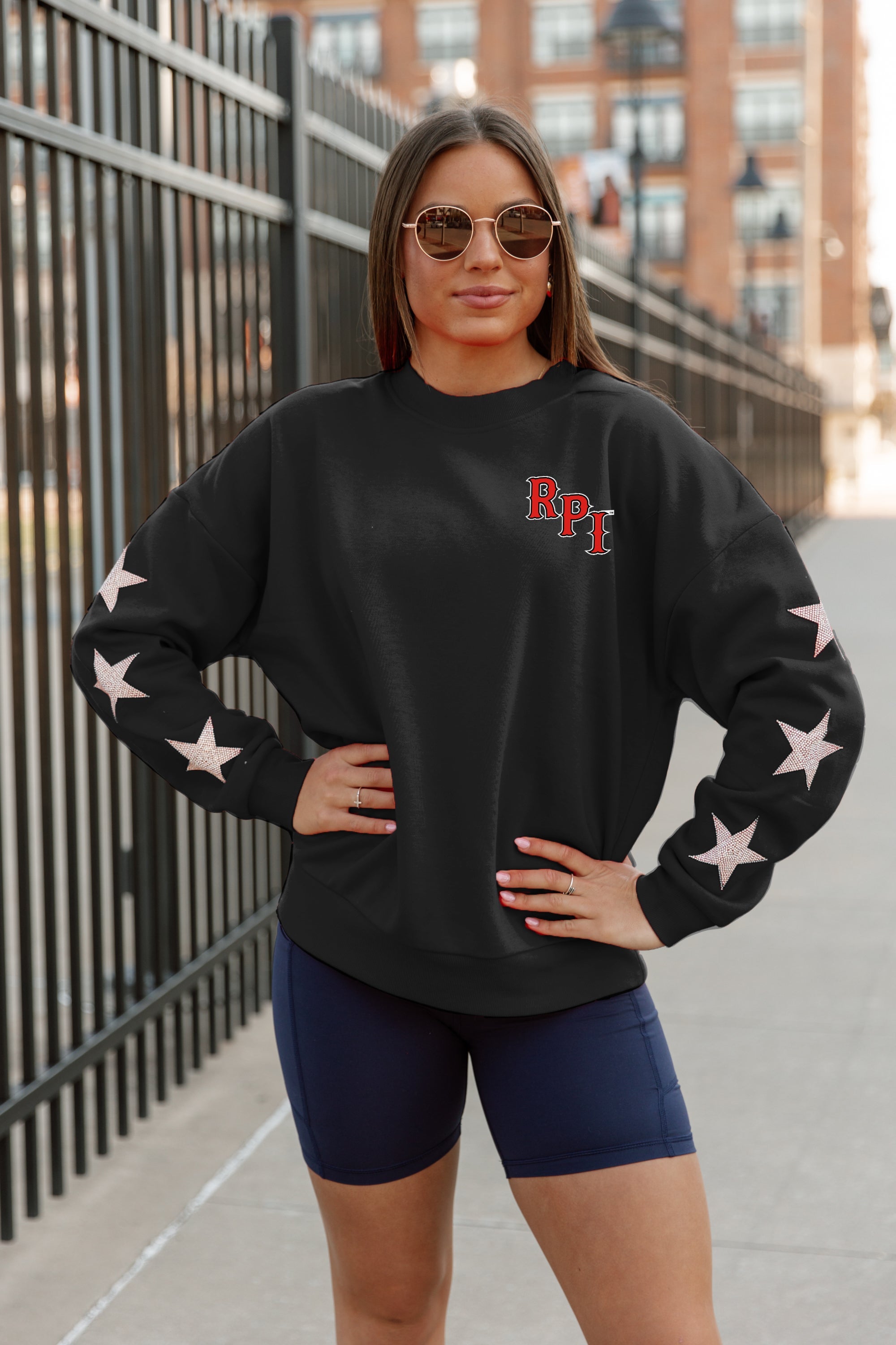 Black RPI Dedication Star-Sleeve Crewneck Pullover - On-Model Campus Street Style | Gameday Couture - SOHO