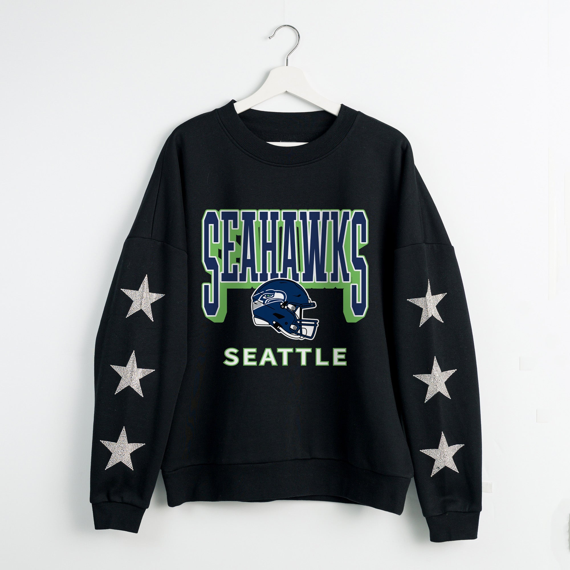 SEATTLE SEAHAWKS PURE VICTORY STAR EMBELLISHED CREW SWEATSHIRT