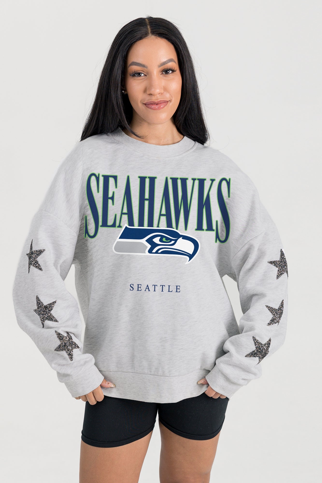 SEATTLE SEAHAWKS BOLD PLAY STAR EMBELLISHED CREW SWEATSHIRT BY RANDI MAHOMES