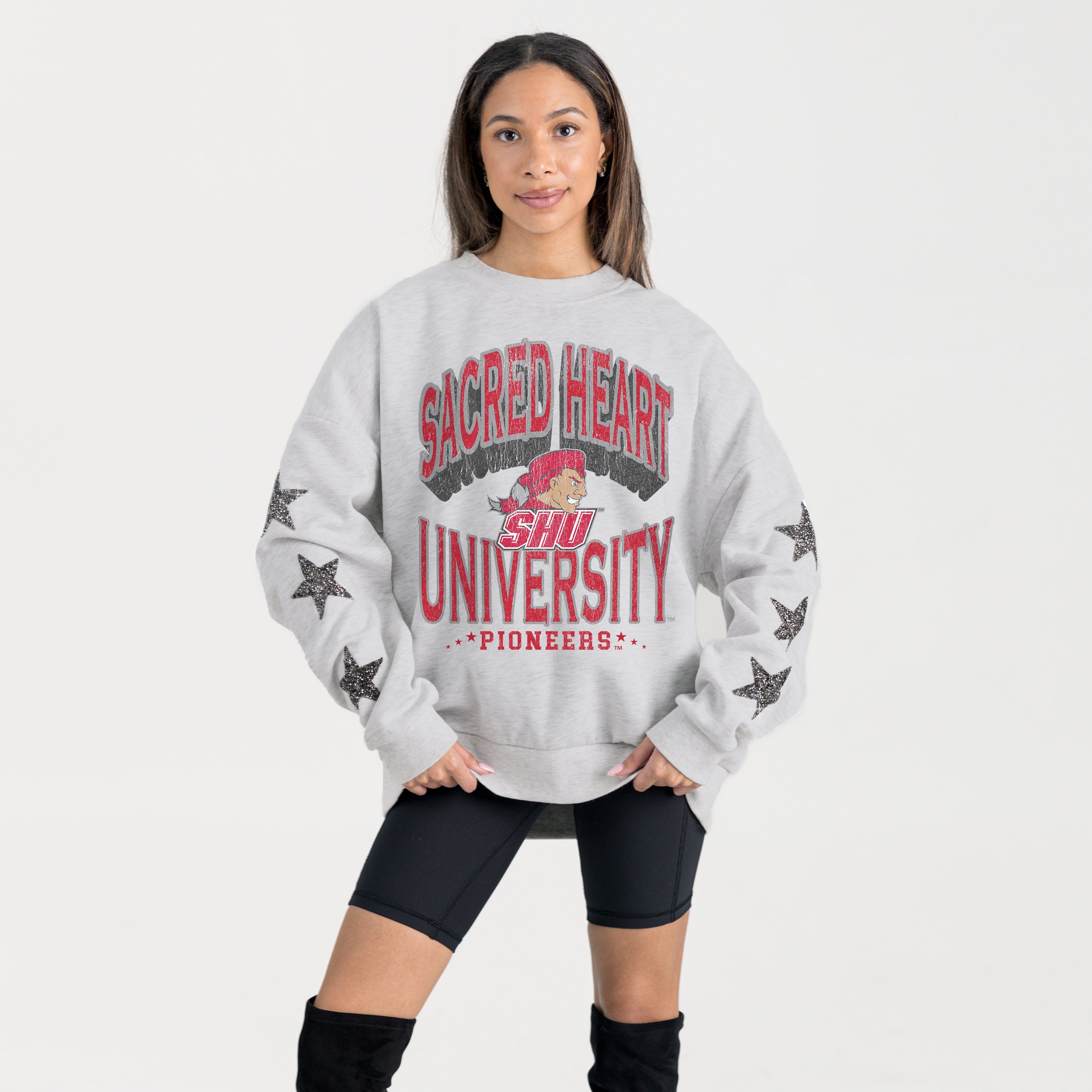 SACRED HEART PIONEERS RESILIENCE STAR EMBELLISHED CREW SWEATSHIRT