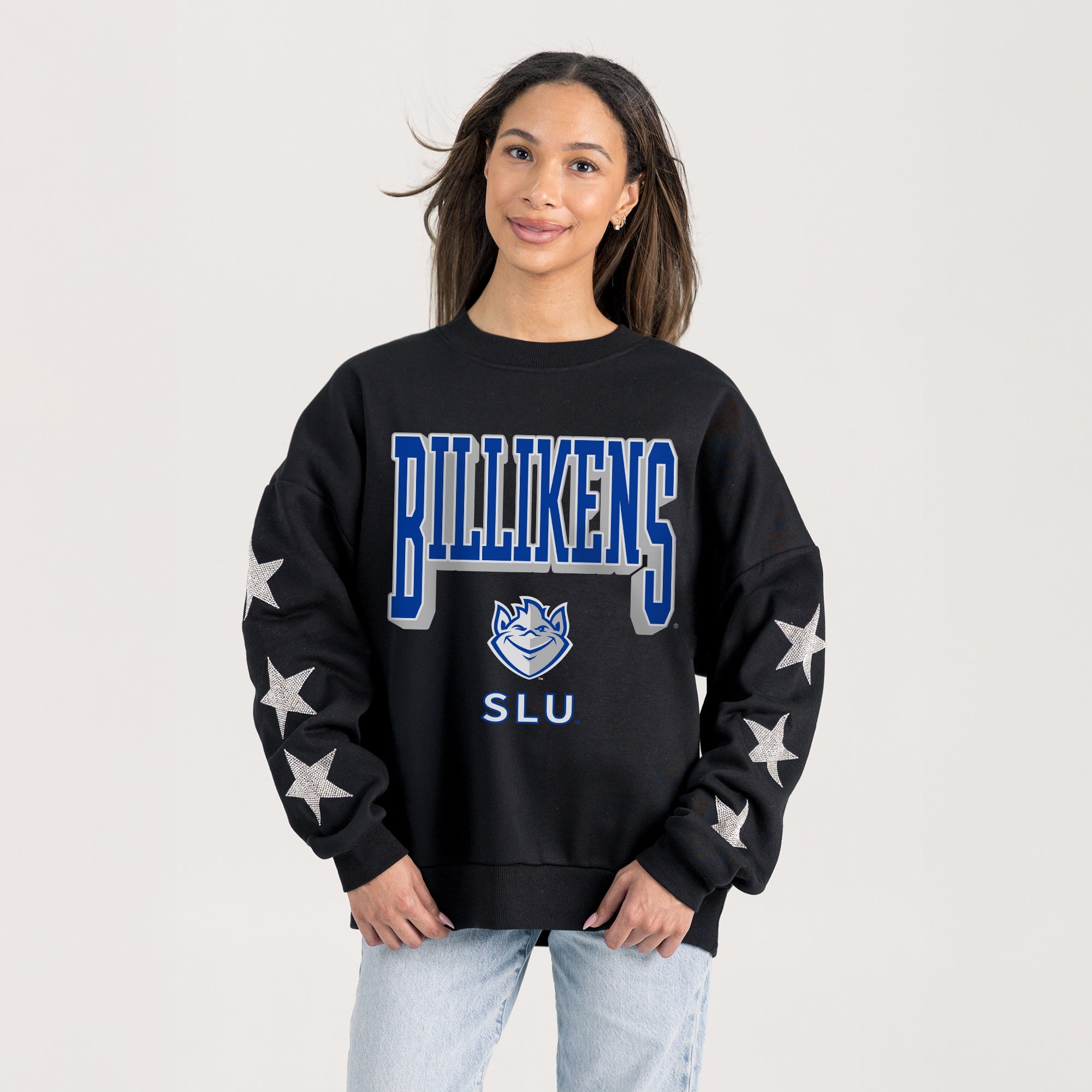 SAINT LOUIS BILLIKENS PURE VICTORY EMBELLISHED STAR SLEEVE CREWNECK PULLOVER
