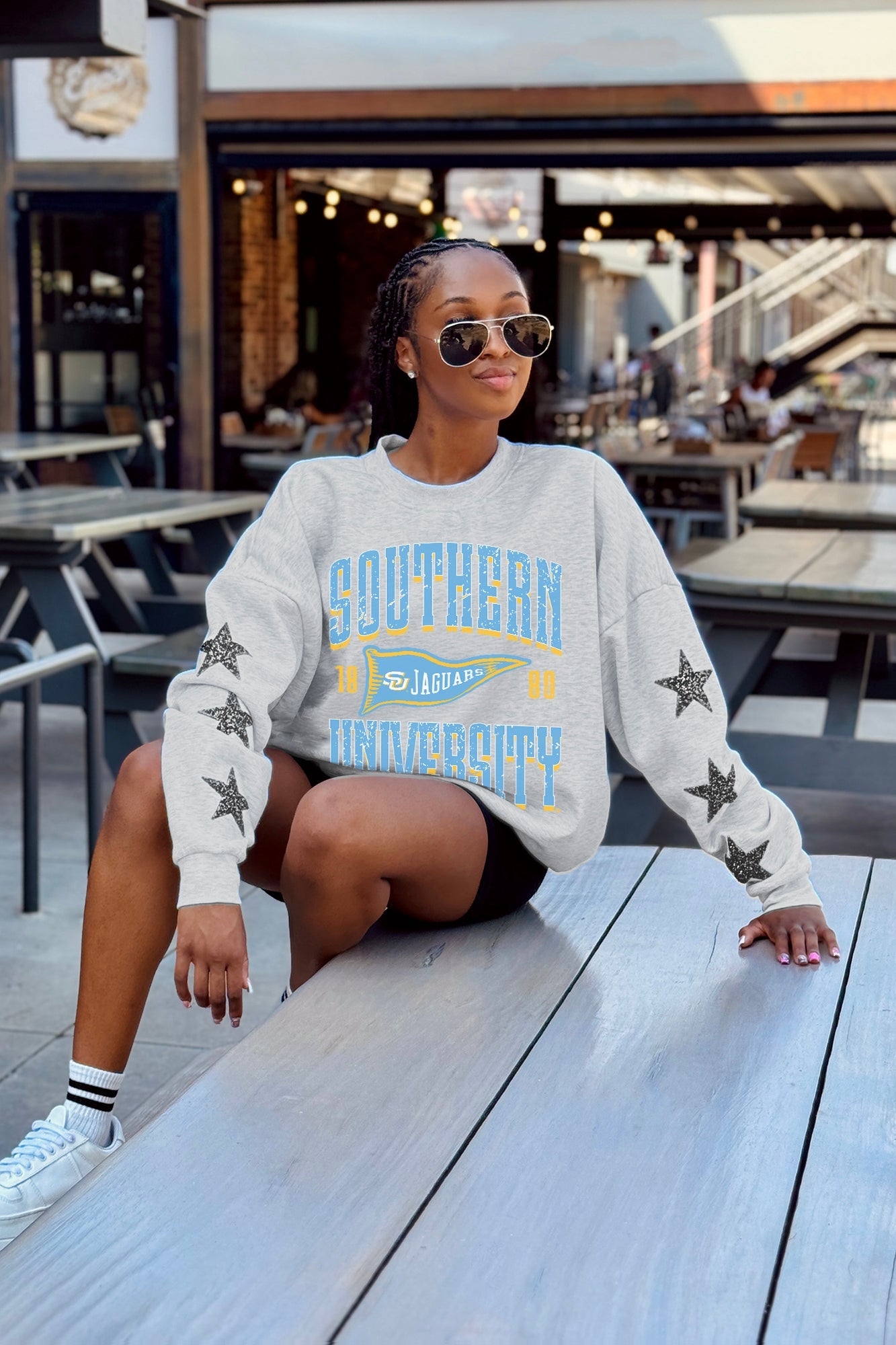 SOUTHERN JAGUARS PENNANT PRIDE EMBELLISHED STAR SLEEVE CREWNECK PULLOVER