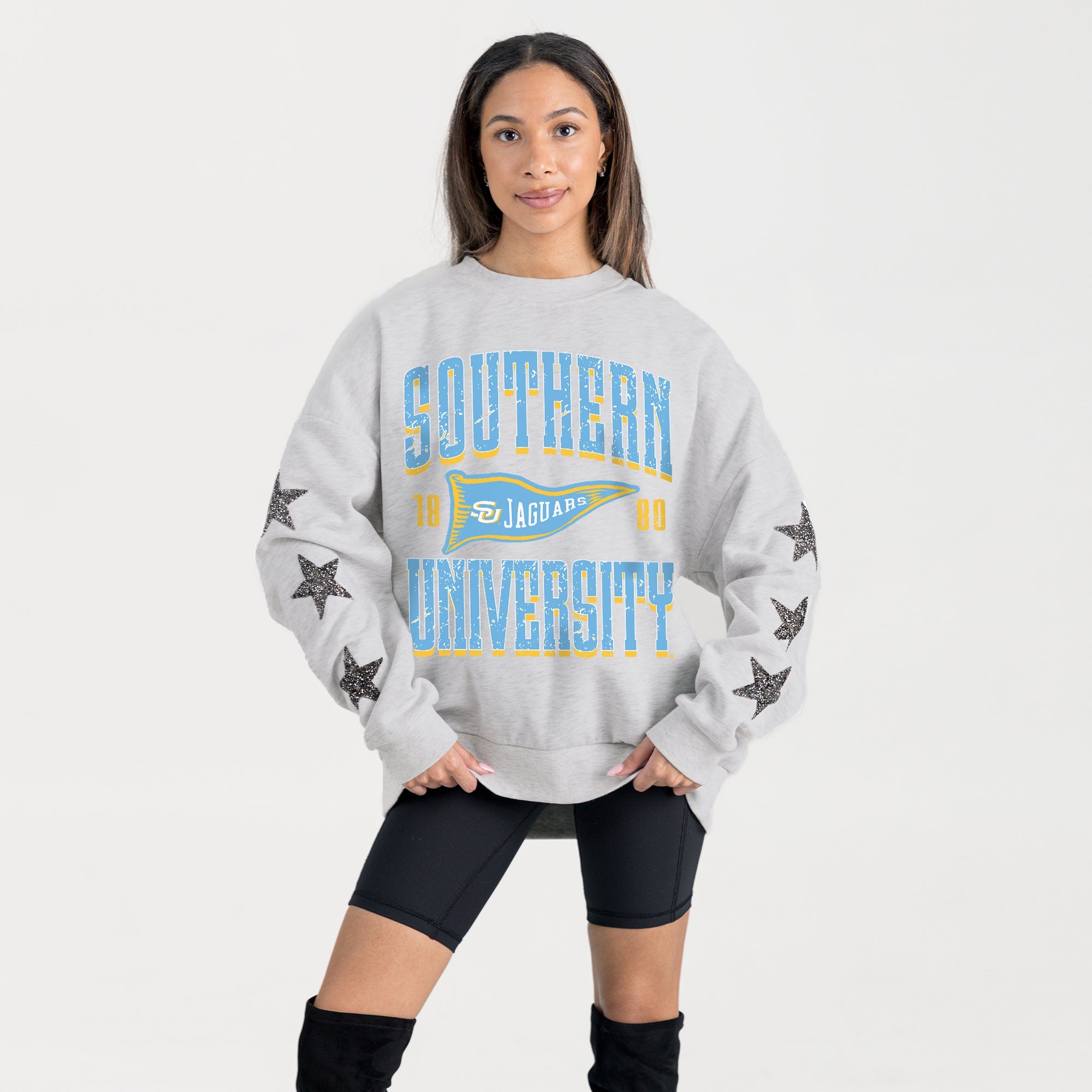 SOUTHERN JAGUARS PENNANT PRIDE EMBELLISHED STAR SLEEVE CREWNECK PULLOVER