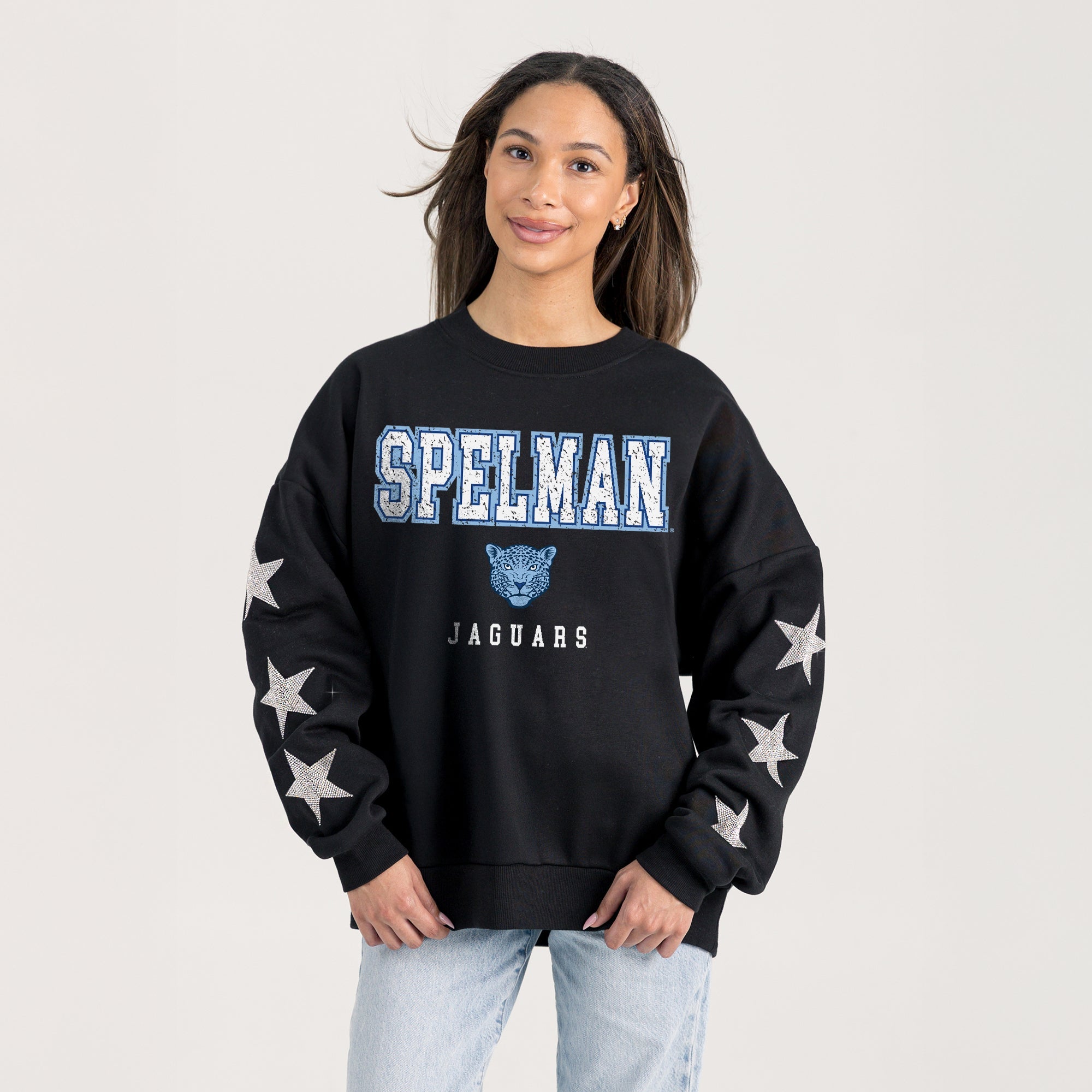 SPELMAN COLLEGE JAGUARS VELOCITY STAR EMBELLISHED CREW SWEATSHIRT