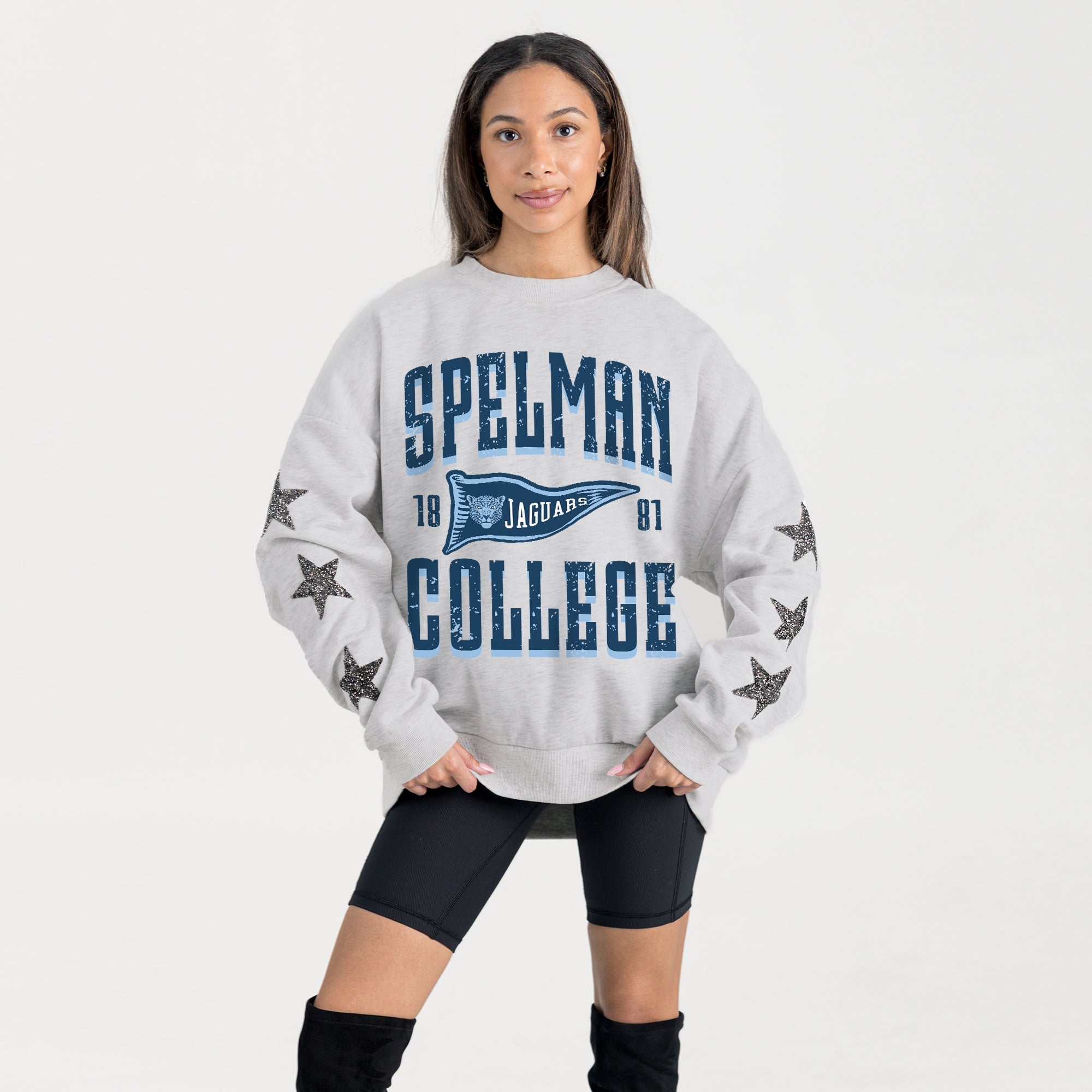 SPELMAN COLLEGE JAGUARS PENNANT PRIDE EMBELLISHED STAR SLEEVE CREWNECK PULLOVER