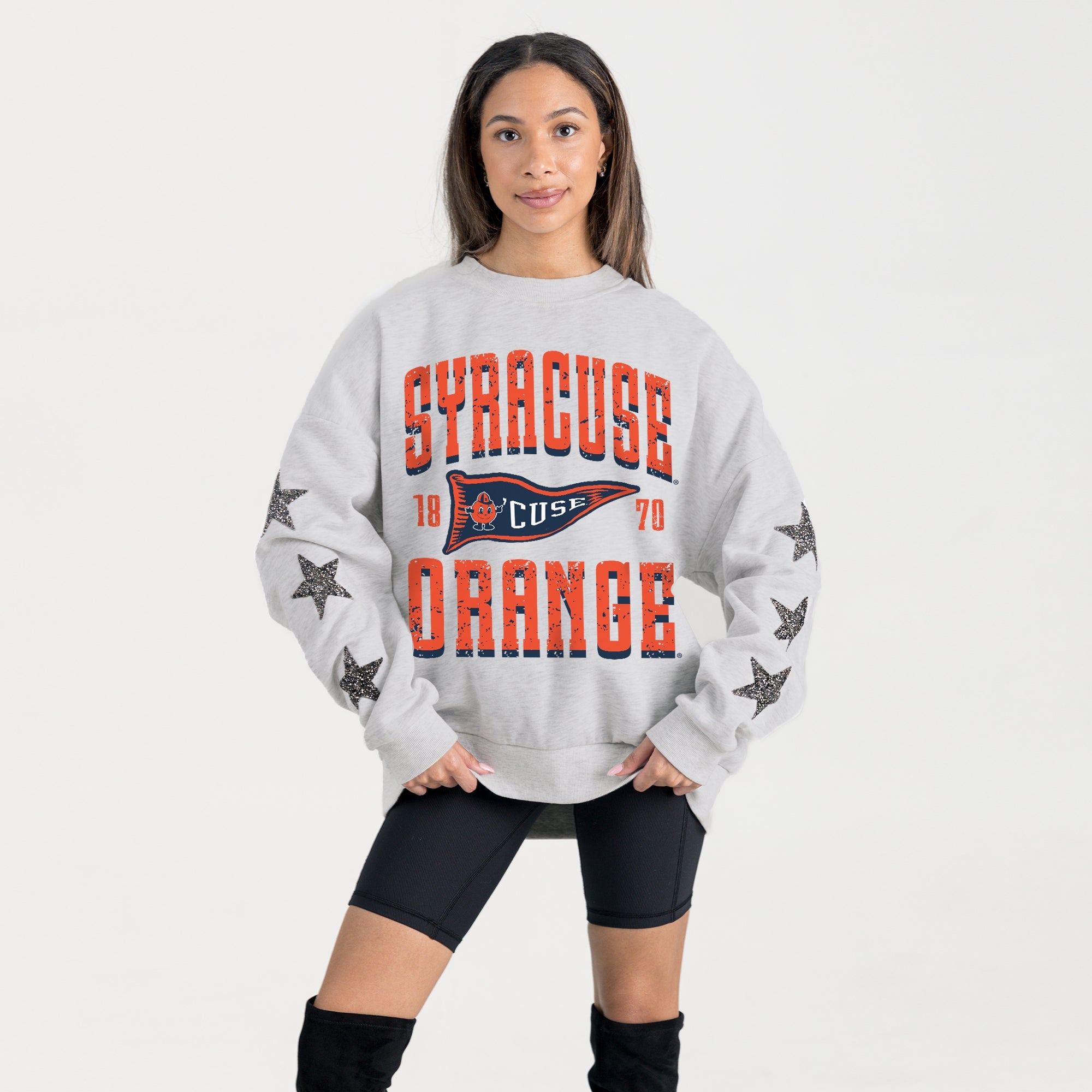SYRACUSE ORANGE PENNANT PRIDE EMBELLISHED STAR SLEEVE CREWNECK PULLOVER