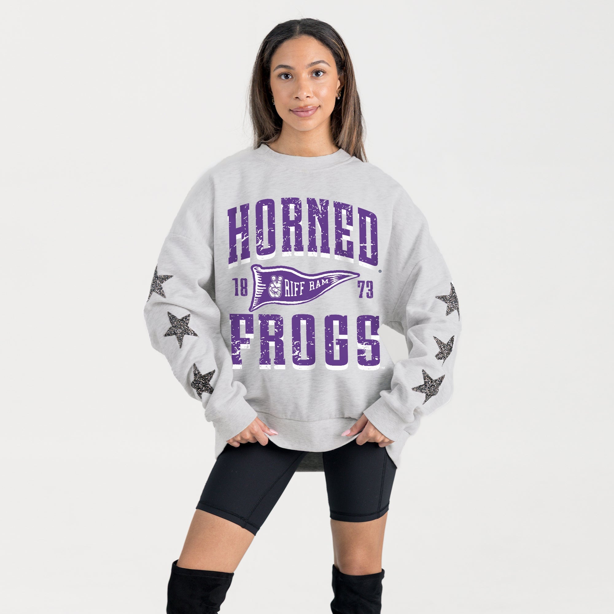 TCU HORNED FROGS PENNANT PRIDE EMBELLISHED STAR SLEEVE CREWNECK PULLOVER
