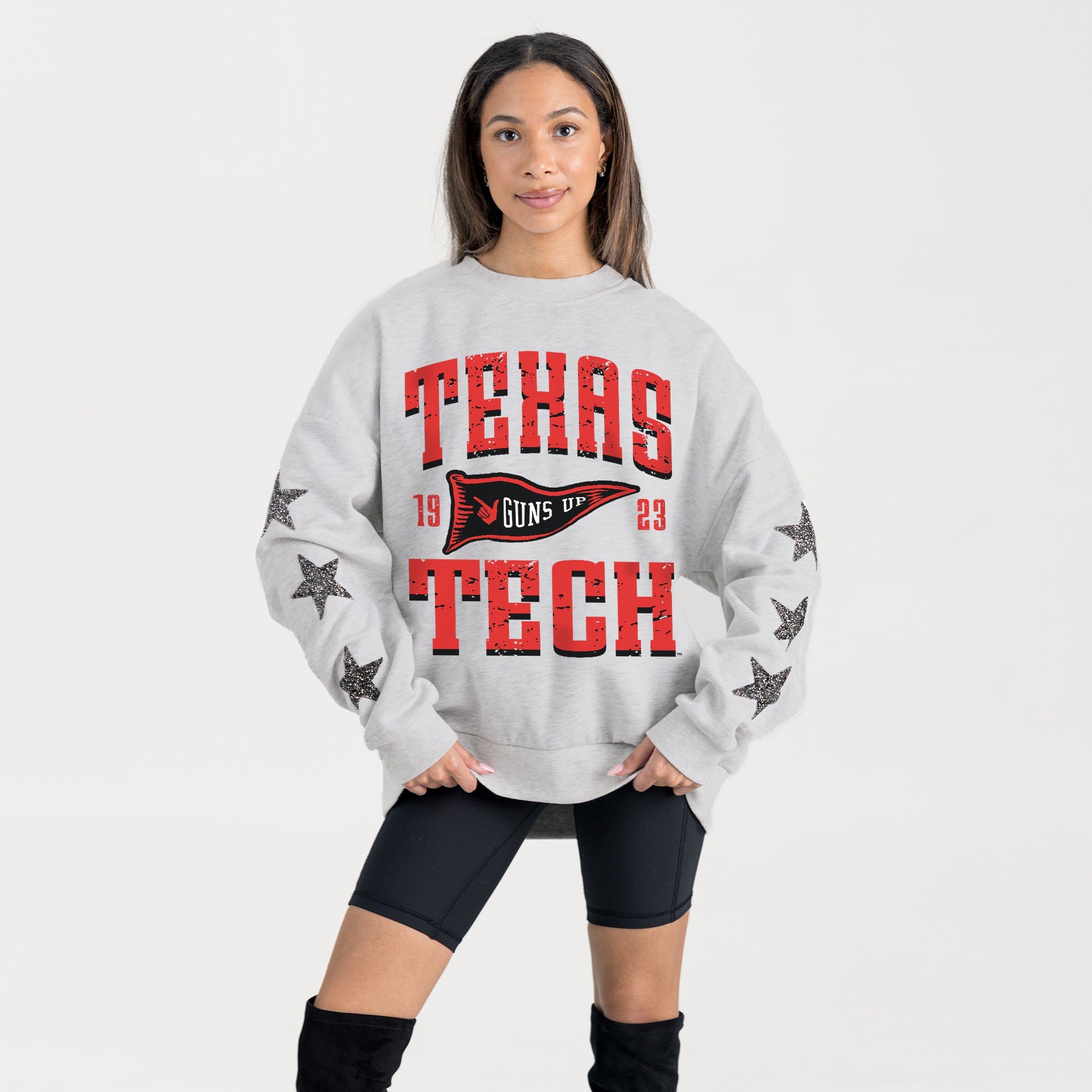 TEXAS TECH RED RAIDERS PENNANT PRIDE EMBELLISHED STAR SLEEVE CREWNECK PULLOVER