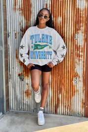 TULANE GREEN WAVE PENNANT PRIDE EMBELLISHED STAR SLEEVE CREWNECK PULLOVER