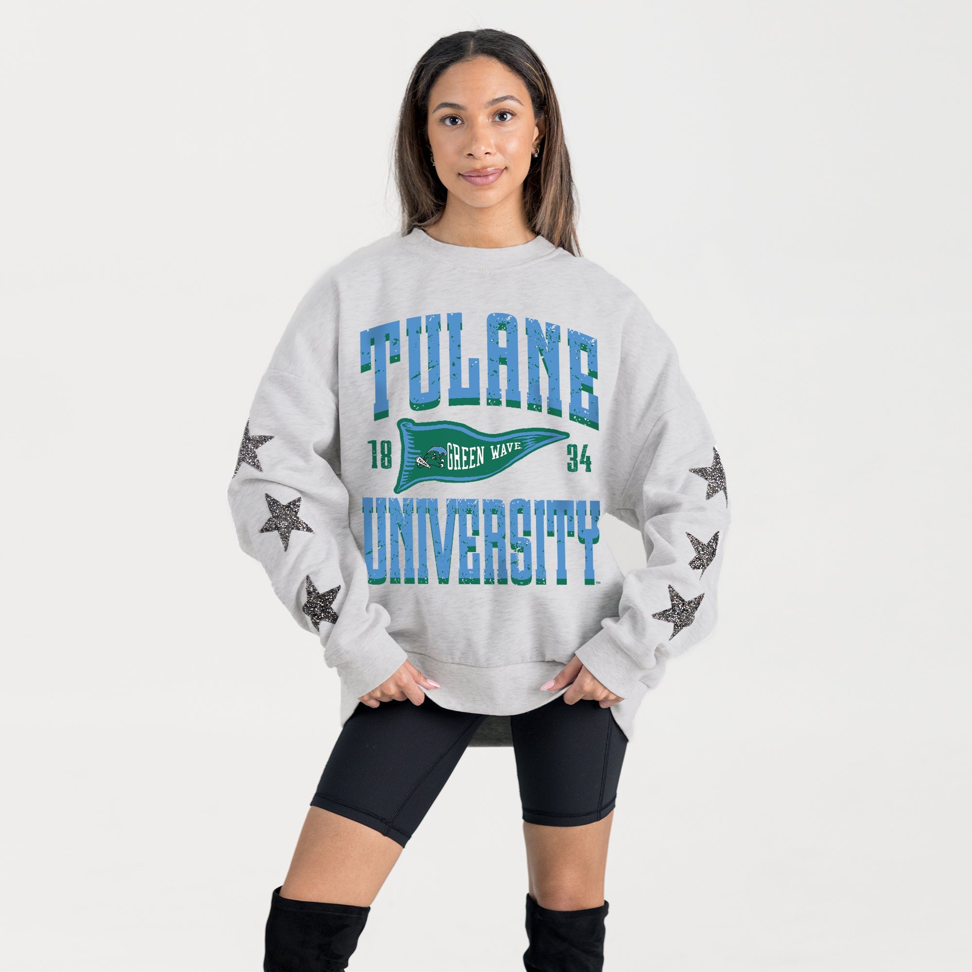 TULANE GREEN WAVE PENNANT PRIDE EMBELLISHED STAR SLEEVE CREWNECK PULLOVER