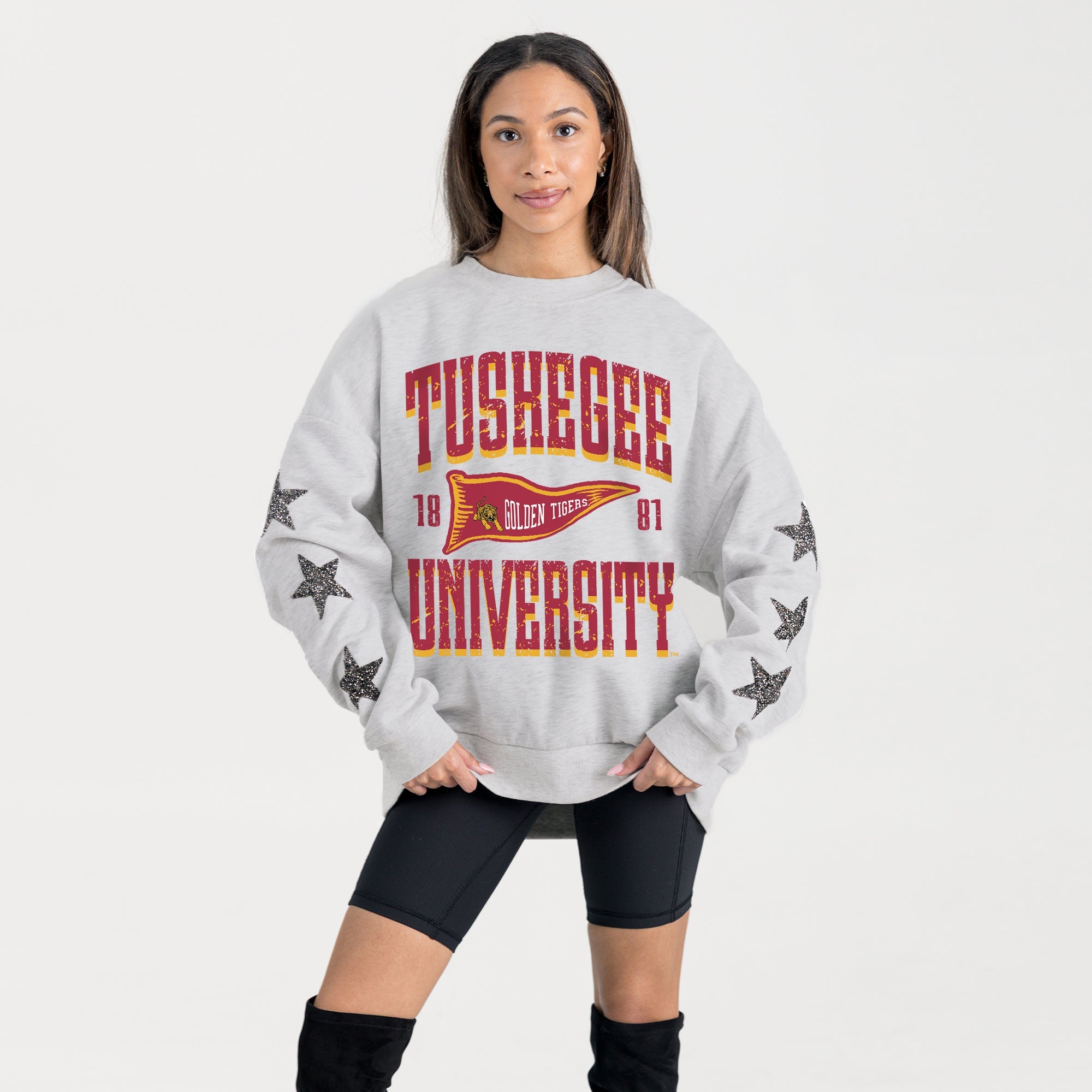 TUSKEGEE GOLDEN TIGERS PENNANT PRIDE EMBELLISHED STAR SLEEVE CREWNECK PULLOVER