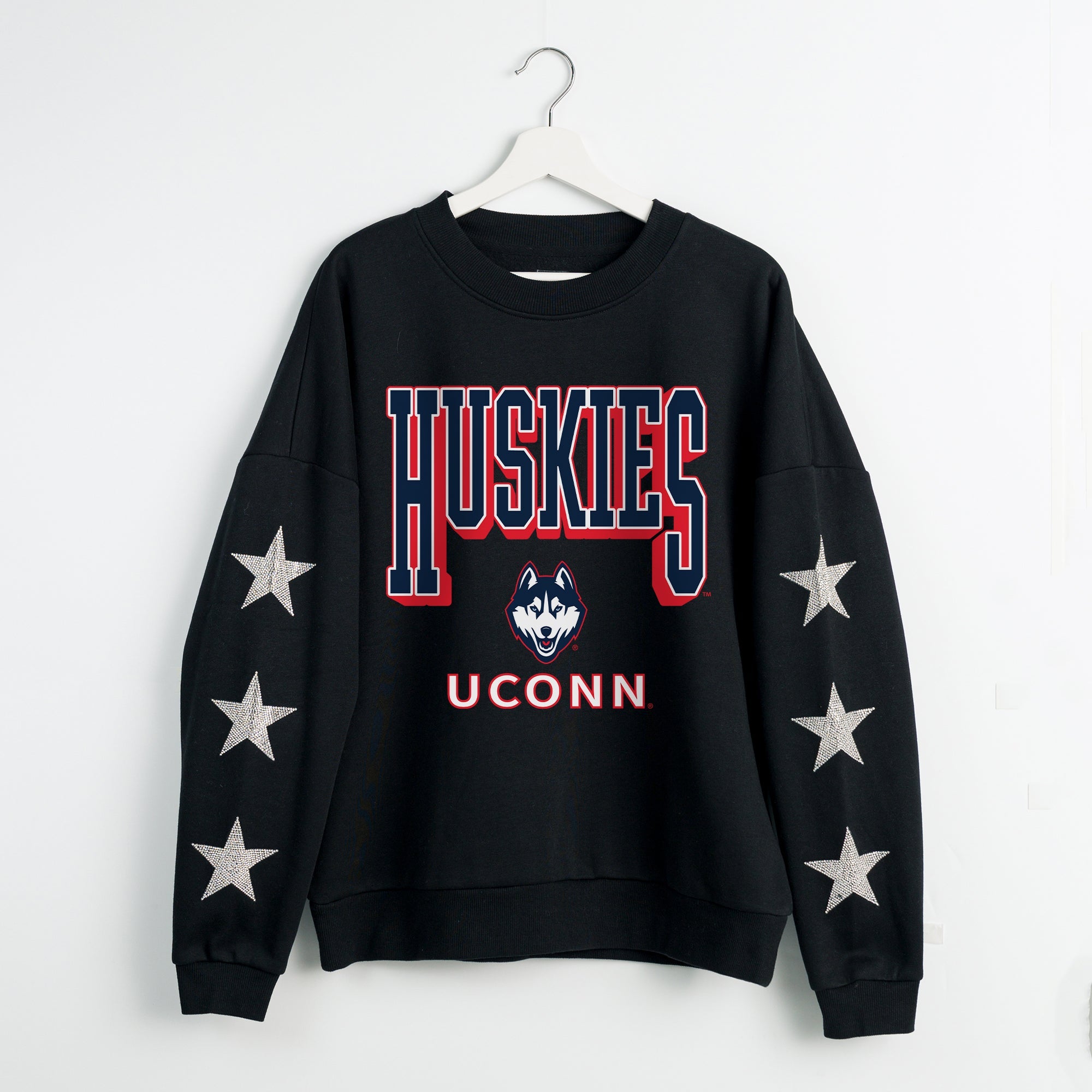 UCONN HUSKIES PURE VICTORY EMBELLISHED STAR SLEEVE CREWNECK PULLOVER