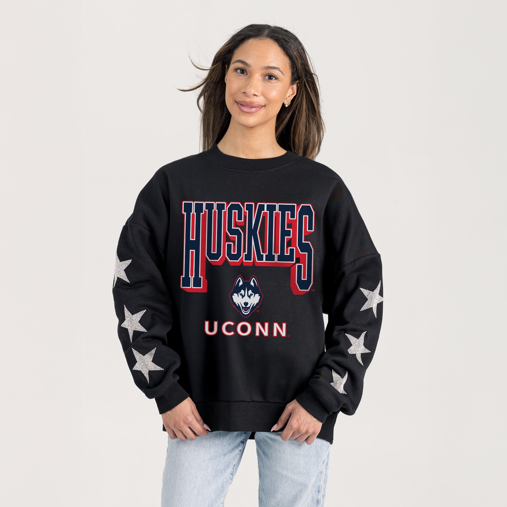 UCONN HUSKIES PURE VICTORY EMBELLISHED STAR SLEEVE CREWNECK PULLOVER