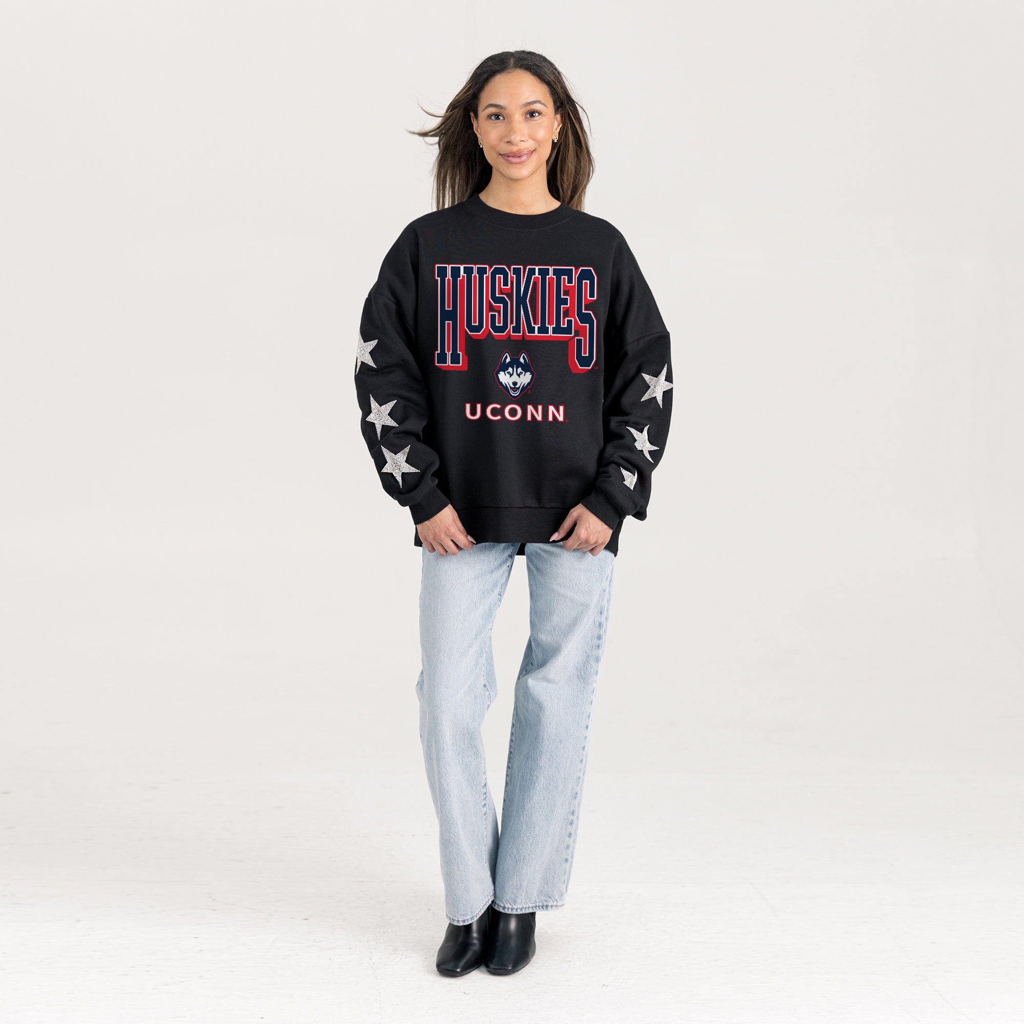 UCONN HUSKIES PURE VICTORY EMBELLISHED STAR SLEEVE CREWNECK PULLOVER