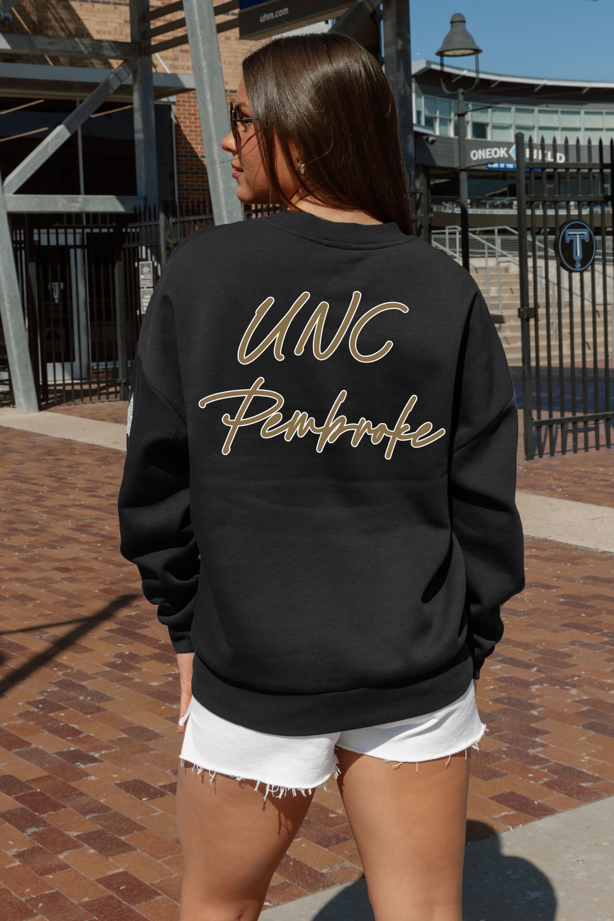 UNC AT PEMBROKE BRAVES DEDICATION EMBELLISHED STAR SLEEVE CREWNECK PULLOVER