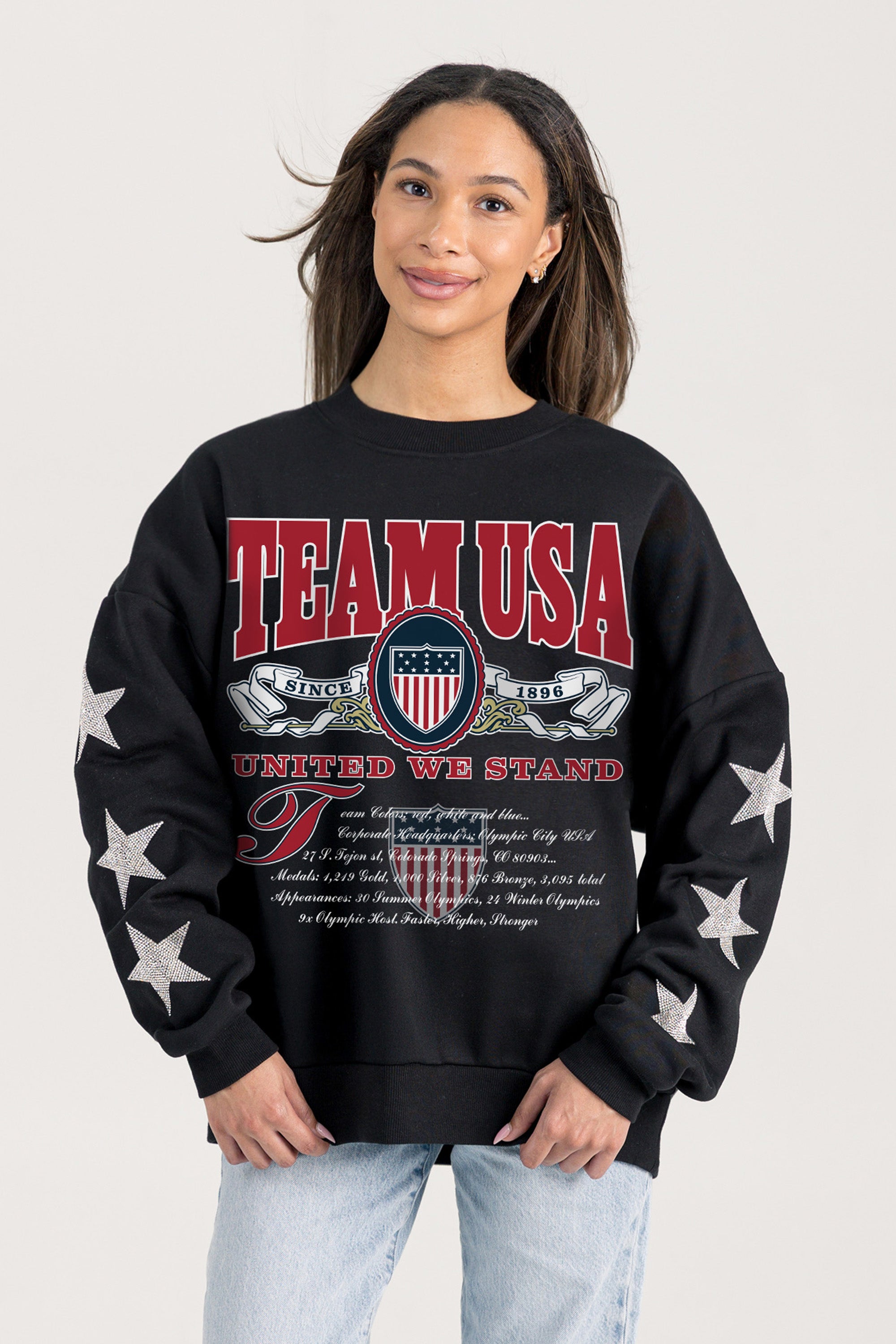 TEAM USA UNITED WE STAND RHINESTUD STAR SLEEVE CREWNECK PULLOVER