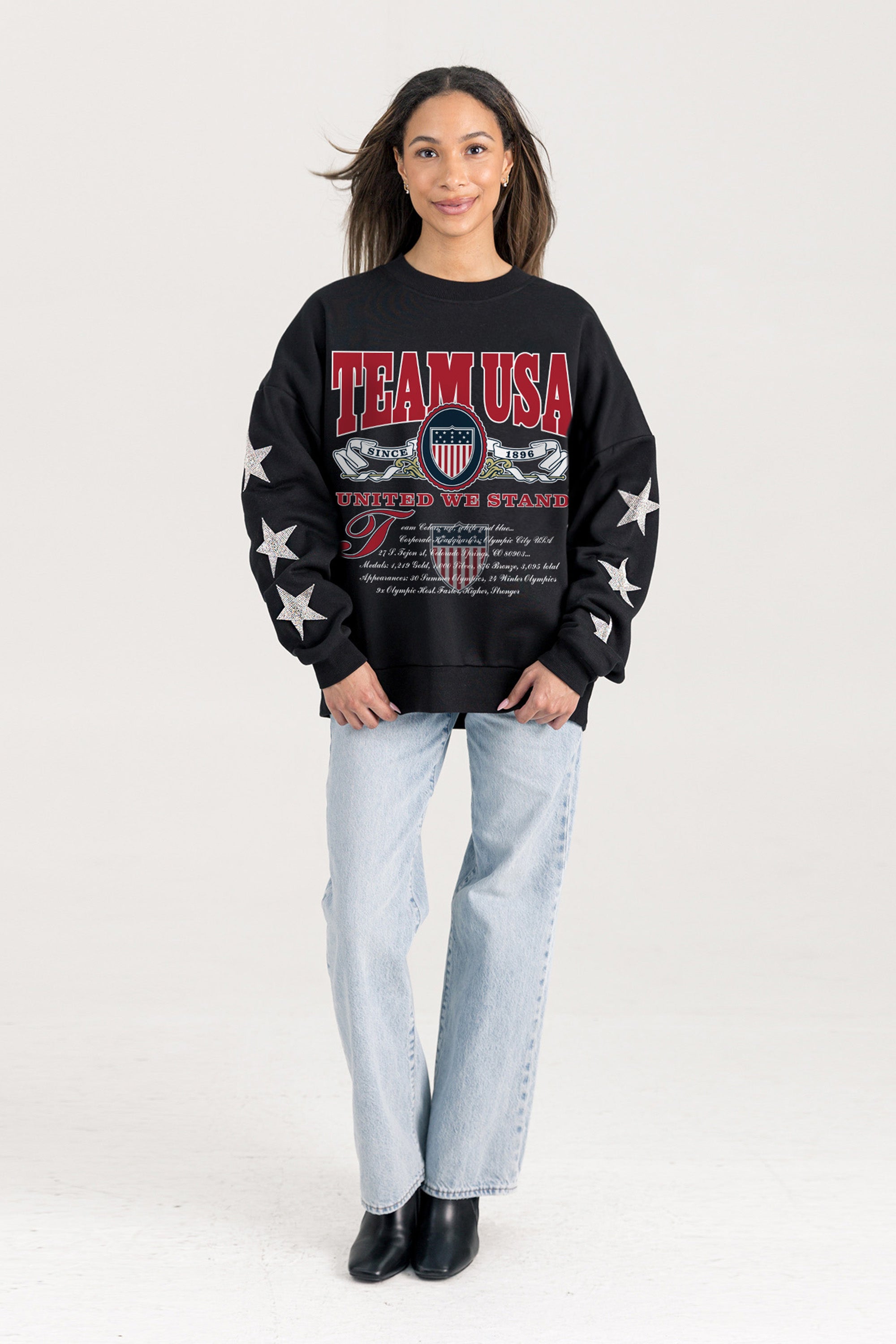 TEAM USA UNITED WE STAND RHINESTUD STAR SLEEVE CREWNECK PULLOVER