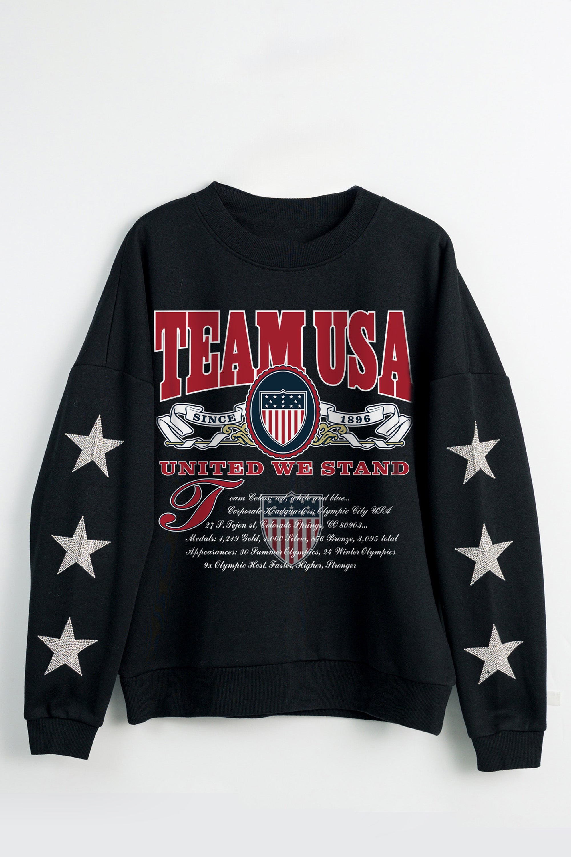 TEAM USA UNITED WE STAND RHINESTUD STAR SLEEVE CREWNECK PULLOVER
