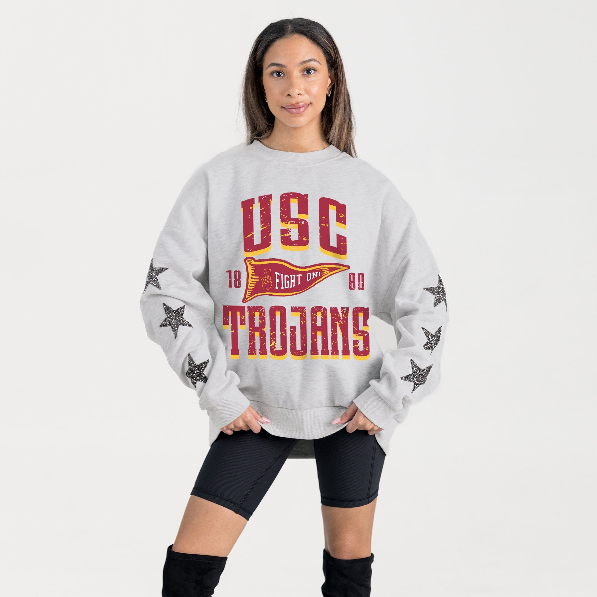 USC TROJANS PENNANT PRIDE EMBELLISHED STAR SLEEVE CREWNECK PULLOVER